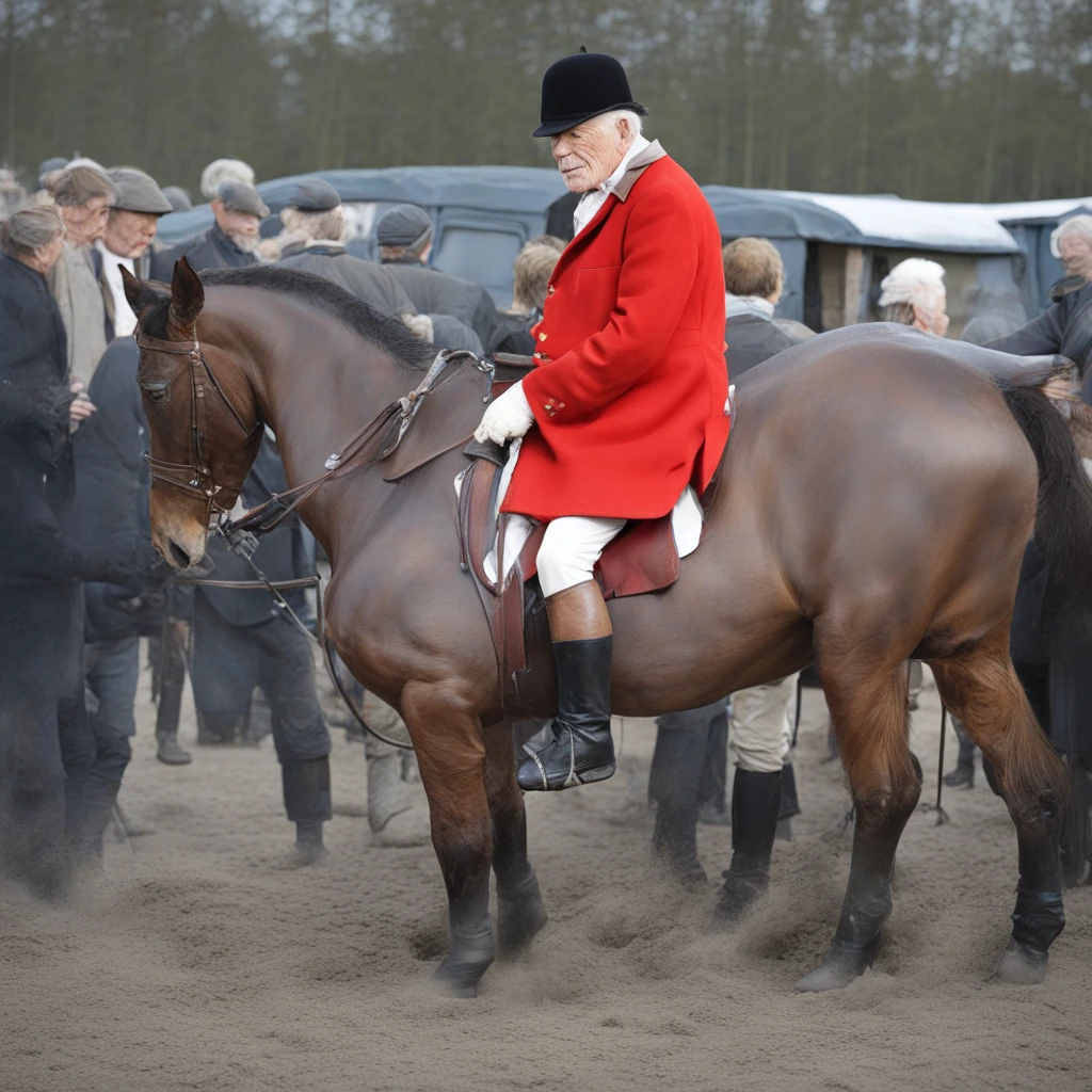 <lora:CFC0E6F51B:1> mfh man, 82 years old, riding boots, red coat, white gloves, breeches, whip, sitting on a man instead of a horse in a stable, the man is on all fours