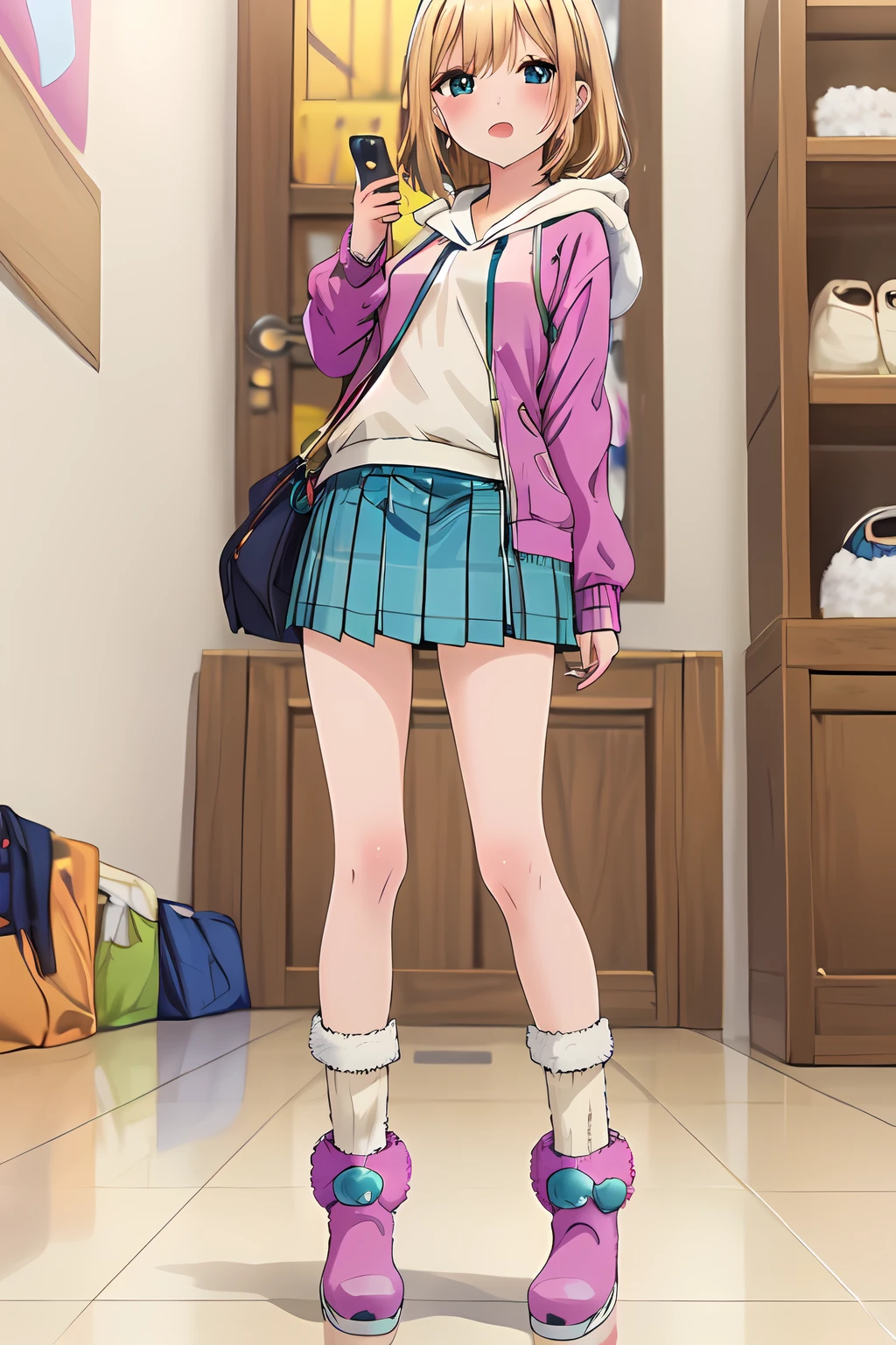 (best quality,  masterpiece),  shiny body,  shiny skin,  a girl taking a selfie holding her phone,  1girl,  cellphone,  skirt,  holding phone,  selfie,  v,  smartphone,  (loose socks,  snow boots by LGG),  Beige hoodie,  white short pleated skirt,  and a crossbody bag,  Standing in a clothing store,  from below,  (full-body shot:1.3),<lora:EMS-247015-EMS:0.900000>,<lora:EMS-12225-EMS:-0.400000>