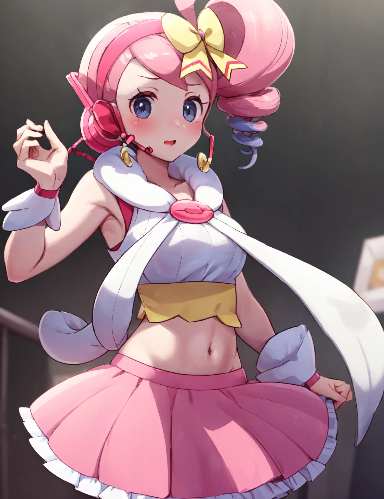 (masterpiece, best quality, hi res:1.2), concert, <lora:Yancy Pokemon (pkyancy) (yancyidol)-9:0.7>, 1girl, yancyidol, sleeveless,  pink skirt, breasts, ribbons, side drill, yellow bow, headset, jewelery, midriff, white pantyhose, hairband, <lora:pleaseworktest:0.7>