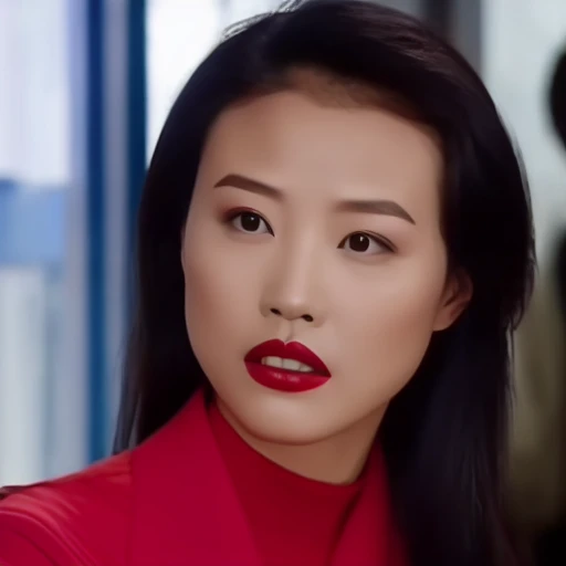 KathyChow,  defined jawline, high cheekbones, almond-shaped eyes with dark irises,  well-defined and arched eyebrows,  a look of intensity or concentration, straight nose,  refined nasal bridge. full lips,  a red or crimson shade of lipstick.