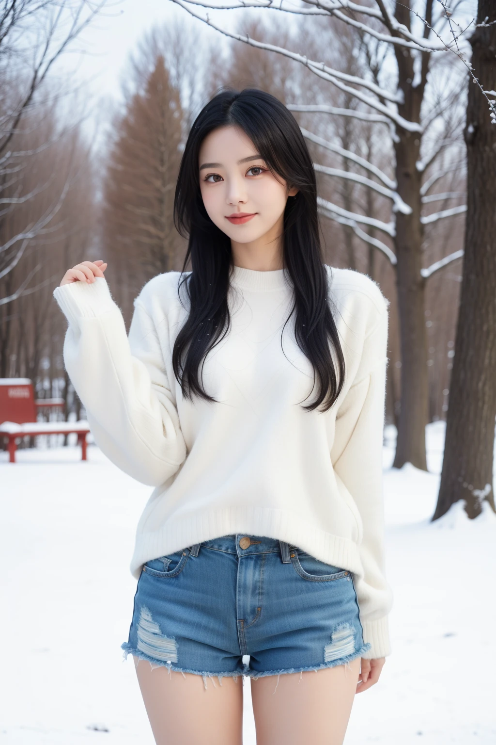 In the cold winter,a beautiful girl stands gracefully in a black sweater and denim shorts. She has black hair and vibrant purple eyes. Snowflakes fall gently on her hair and clothes as she stands elegantly in the snowy landscape. The background is adorned with red flowers,creating a striking contrast with the white snow. With her long legs and captivating curves,she adds a touch of beauty to the entire scene.,