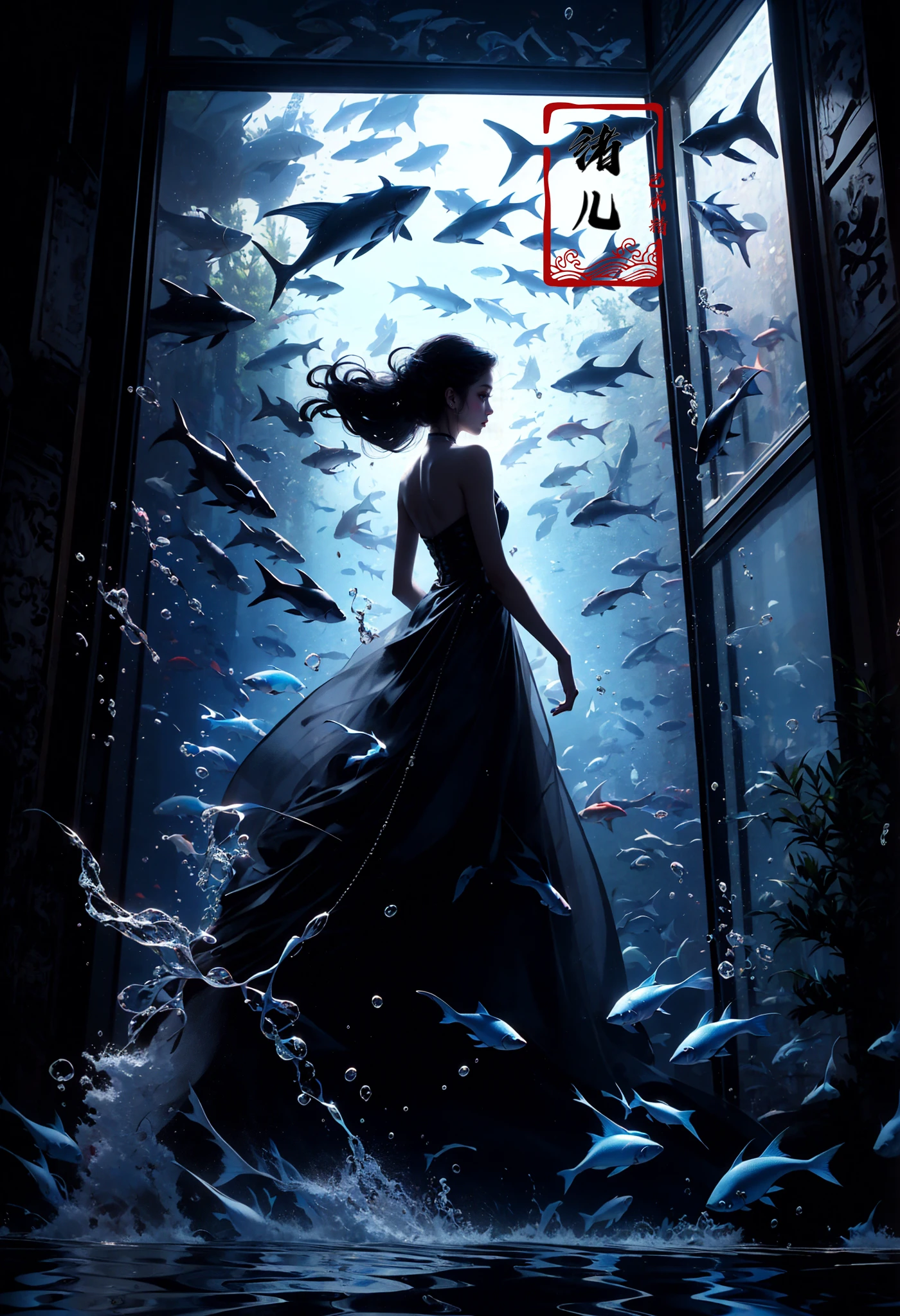 black theme, fish, aquarium,  solo,1girl, scenery, dark, from behind, indoors, water
<lora:~Q?-mw^NuL Underwater world:0.8>