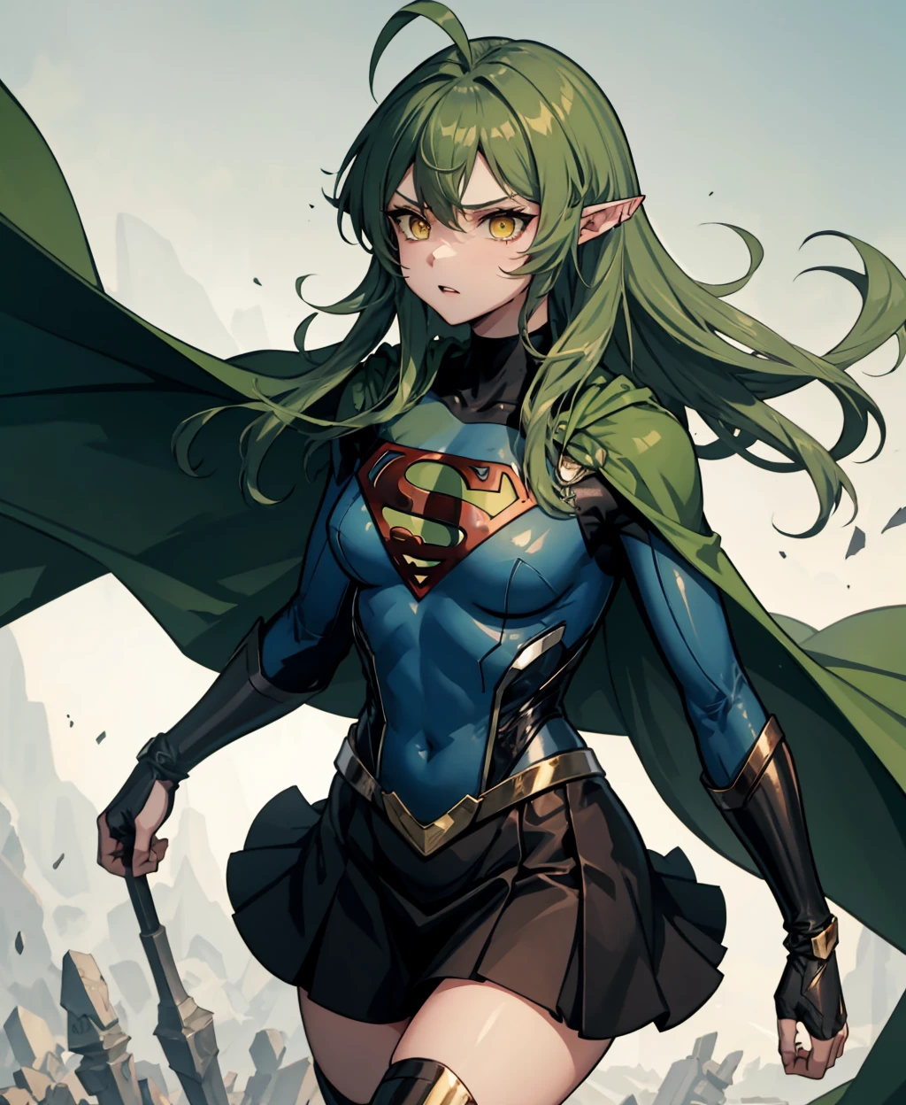 gavial, superman_oc, 1girl, green hair, yellow eyes, pointy ears,  medium breasts, miniskirt, black skirt, looking to the side, green cape, solo, <lora:superman_oc-09:0.8>,  <lora:Gavial-04:1>