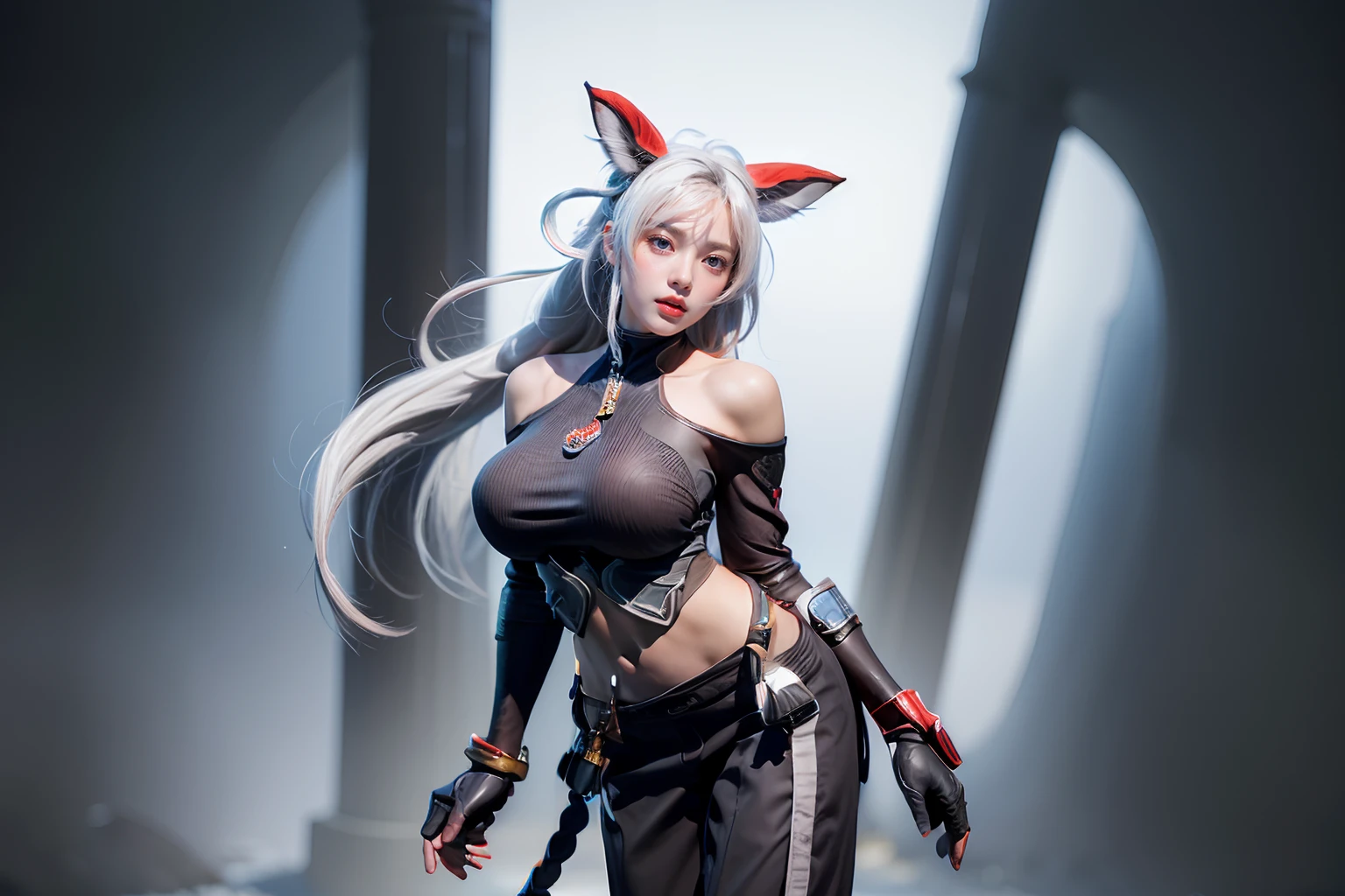 <lora:Qi_AoV_New:0.6>,  <lora:add_detail:0.5>, qi_aov_new, 1girl, solo, grey eyes, grey hair, bangs, long hair, hair ornament, breasts, large breasts, looking at viewer, blue eyes, white background, animal ears, bare shoulders, standing, white hair, , pants, black pants, armor, lips, gauntlets, jewelry, braid, toes, anklet, tail, ass, realistic, (masterpiece),((ultra-detailed)), (highly detailed CG illustration),(expressionless), (best quality:1.2)