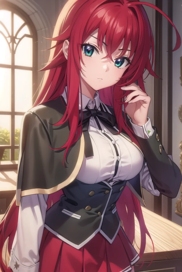 riasgremory, <lora:rias gremory anime s1-lora-nochekaiser:1>,
rias gremory, huge ahoge, long hair, hair between eyes, (green eyes:1.3), red hair,
BREAK shirt, ribbon, school uniform, white shirt, black ribbon, neck ribbon, capelet, black capelet, long sleeves, skirt, red skirt,
BREAK indoors, classroom,
BREAK looking at viewer, (cowboy shot:1.5),
BREAK <lyco:GoodHands-beta2:1>, (masterpiece:1.2), best quality, high resolution, unity 8k wallpaper, (illustration:0.8), (beautiful detailed eyes:1.6), extremely detailed face, perfect lighting, extremely detailed CG, (perfect hands, perfect anatomy),