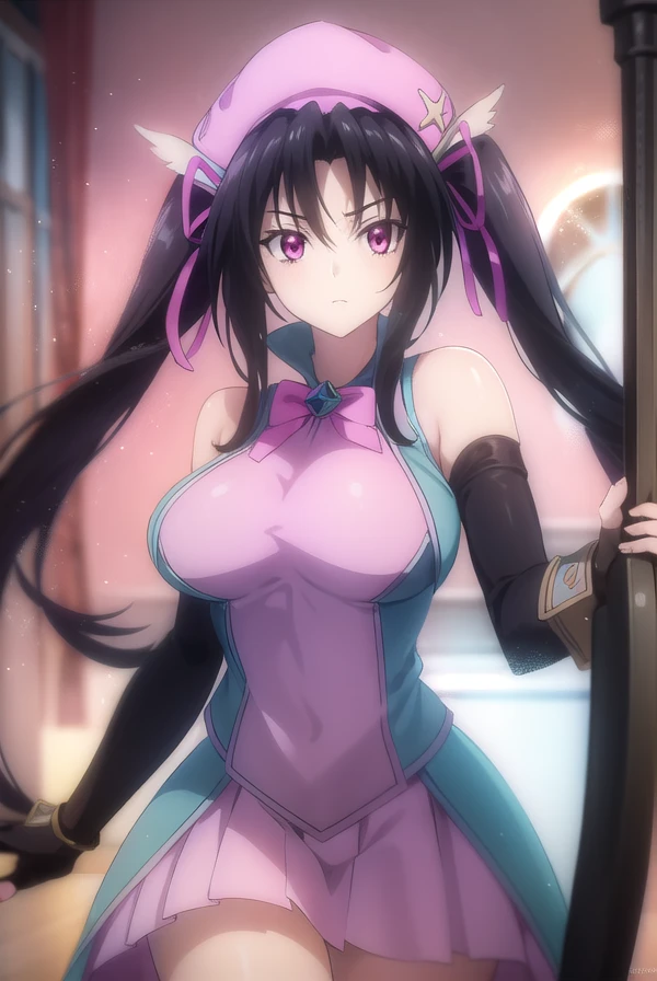 serafallleviathan, <lora:serafall leviathan anime s2-lora-nochekaiser:1>,
serafall leviathan, long hair, black hair, twintails, (pink eyes:1.5),
BREAK gloves, hat, bare shoulders, elbow gloves, fingerless gloves, cosplay, magical girl,
BREAK indoors,
BREAK looking at viewer, (cowboy shot:1.5),
BREAK <lyco:GoodHands-beta2:1>, (masterpiece:1.2), best quality, high resolution, unity 8k wallpaper, (illustration:0.8), (beautiful detailed eyes:1.6), extremely detailed face, perfect lighting, extremely detailed CG, (perfect hands, perfect anatomy),