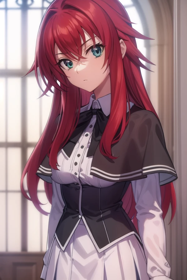 riasgremory, <lora:rias gremory anime s1-lora-nochekaiser:1>,
rias gremory, huge ahoge, long hair, hair between eyes, (green eyes:1.3), red hair,
BREAK shirt, ribbon, school uniform, white shirt, black ribbon, neck ribbon, capelet, black capelet, long sleeves, skirt, red skirt,
BREAK indoors, classroom,
BREAK looking at viewer, (cowboy shot:1.5),
BREAK <lyco:GoodHands-beta2:1>, (masterpiece:1.2), best quality, high resolution, unity 8k wallpaper, (illustration:0.8), (beautiful detailed eyes:1.6), extremely detailed face, perfect lighting, extremely detailed CG, (perfect hands, perfect anatomy),