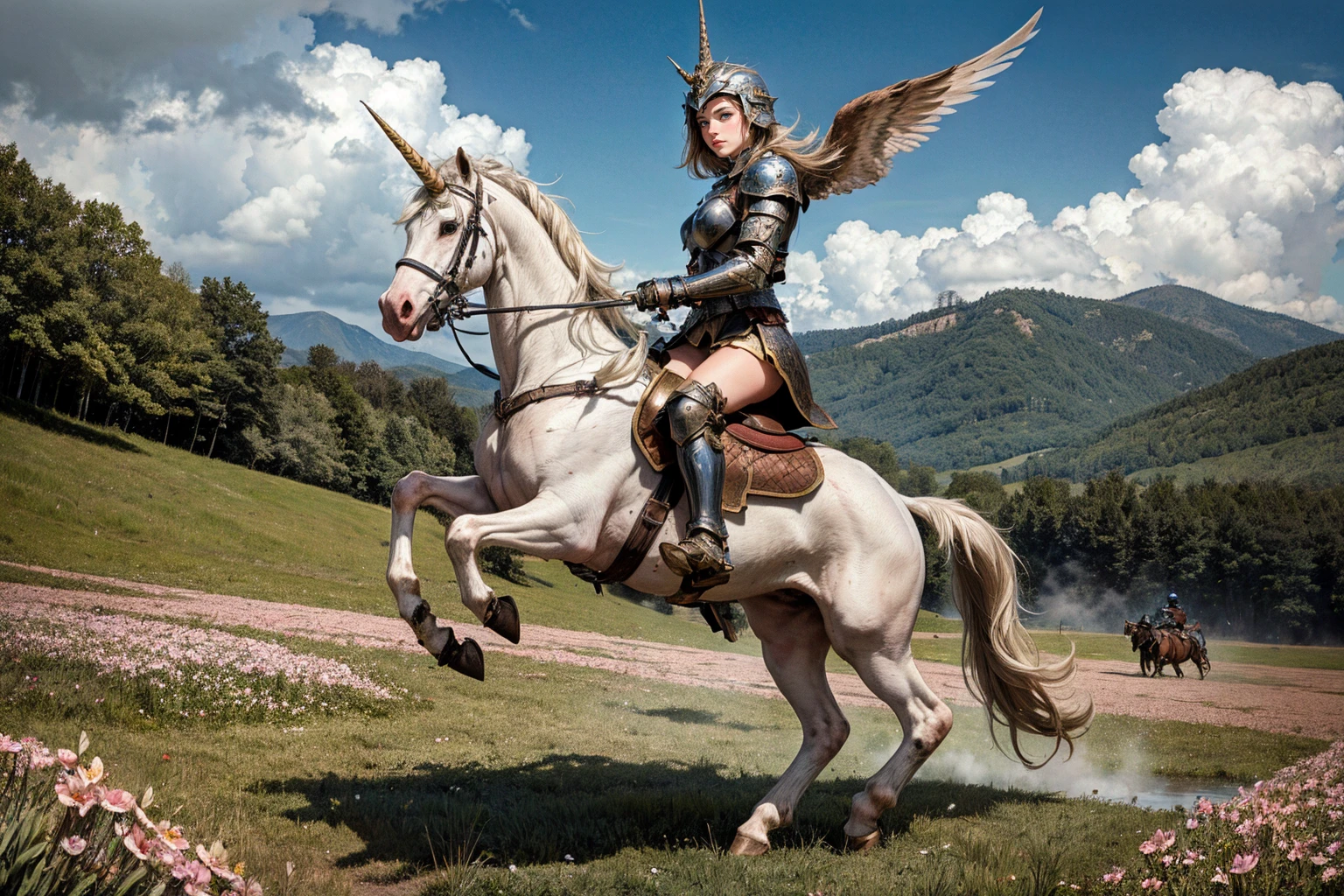 (masterpiece, best quality), (absurdres), (ultra detailed, 8K, ultra highres:1.2), 1girl, <lora:more_details:0.5>, (Ride of the Valkyries), armor, helmet, dynamic pose, cinematic composition, fighting stance, holding sword, battlefield, grass flower field, (knights and warriors background:1.2), fantasy, (riding white unicorn), vivid colors