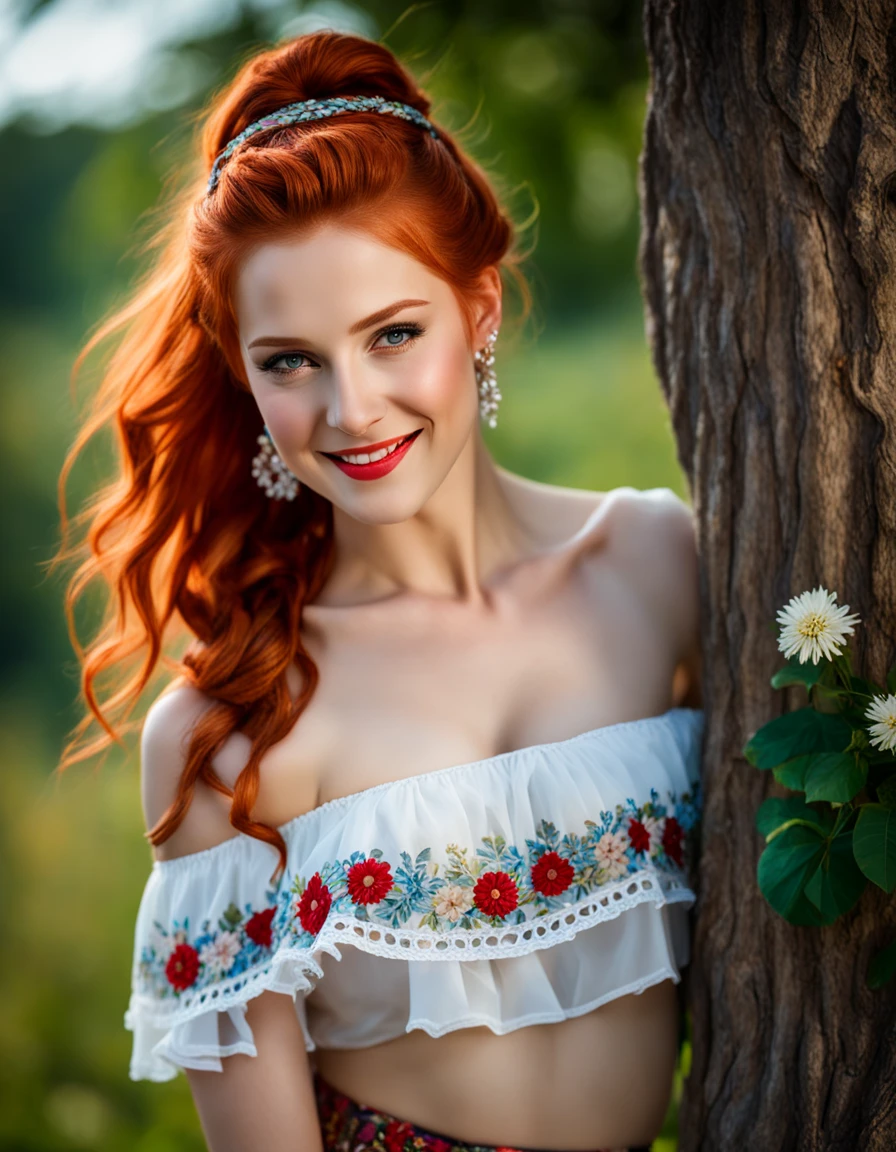 masterpiece, best quality, gorgeous pale american cute girl, smiling, (crop top), red hair loose braided hair, short polca skirt, lean against a tree, field, flowers smiling, perfectly symmetrical face, detailed skin, elegant, alluring, attractive, amazing photograph, masterpiece, best quality, 8K, high quality, photorealistic, realism, art photography, Nikon D850, 16k, sharp focus, masterpiece, breathtaking, atmospheric perspective, diffusion, pore correlation, skin imperfections, DSLR, 80mm Sigma f2, depth of field, intricate natural lighting, looking at camara