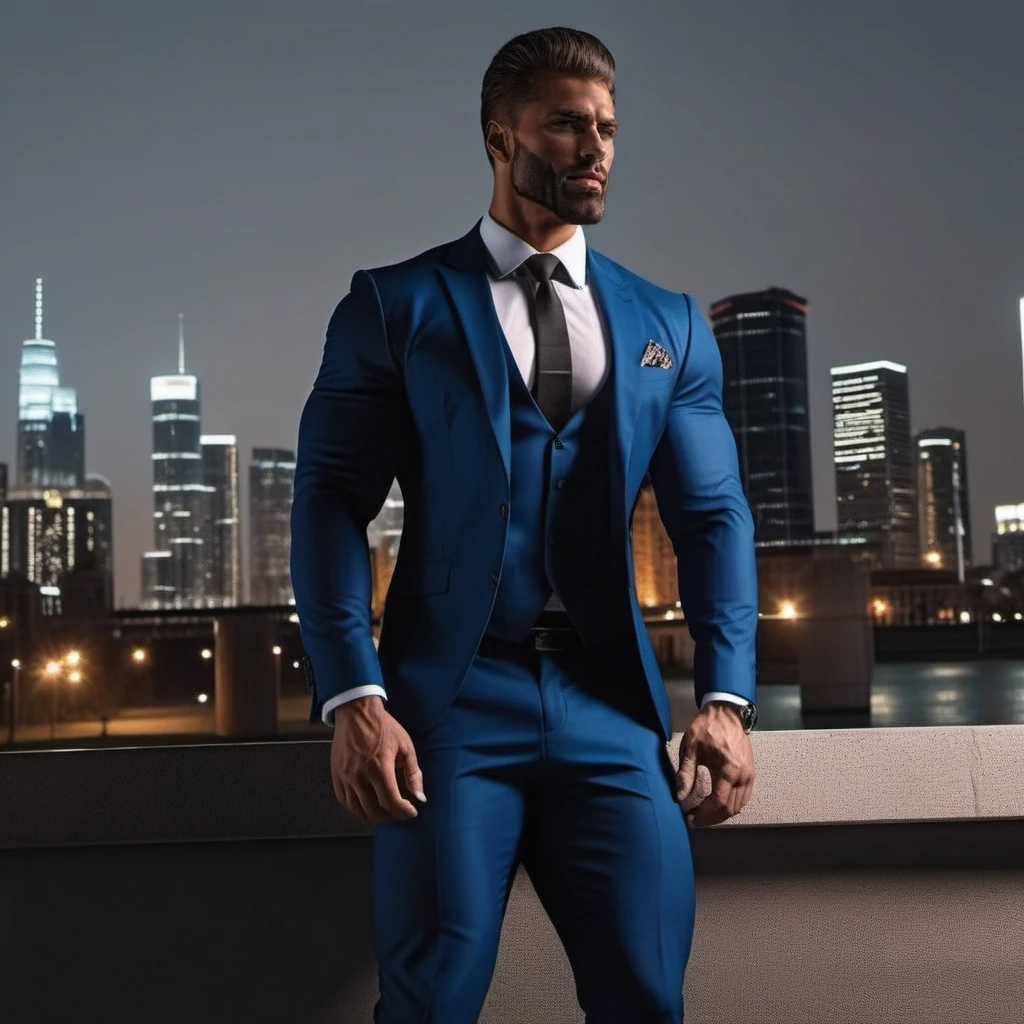 GigaChad1024, a muscular man in a suit, full body, city background, detailed face, detailed eyes ,  highly detailed, photography, ultra sharp, film, bokeh, professional, 4k   <lora:GigaChad1024:0.8>