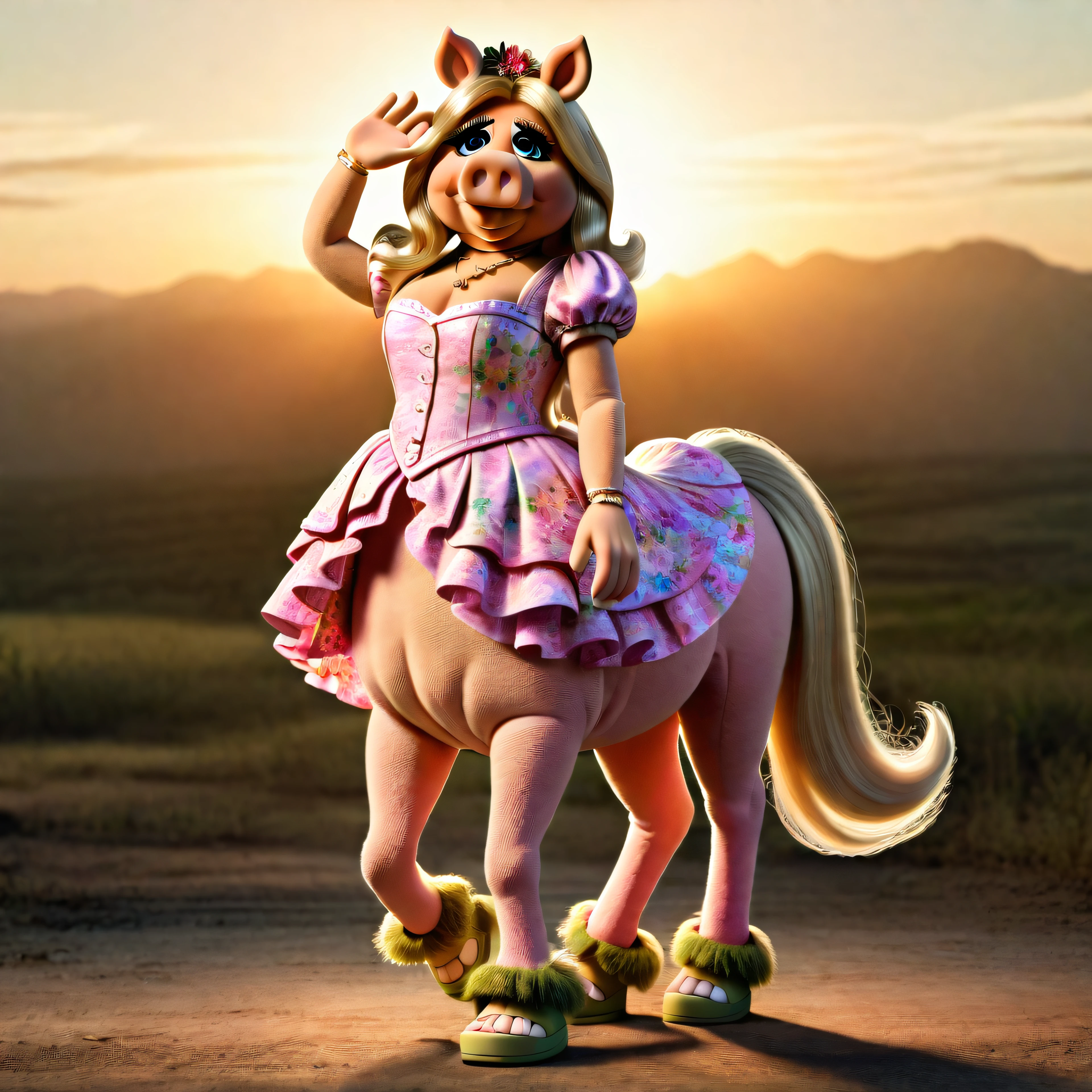 miss piggy is a centaur, wearing floral top, wearing crocs on her feet, best quality, 8k, sunset bg