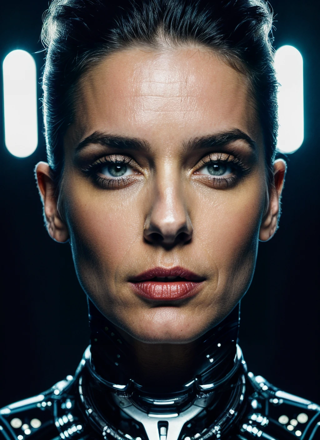 full color sci-fi portrai photo of a stunning intricate 30 year old sks woman wearing cyber leather armor, illustration portrait cyberpunk, futuristic neon reflective wear, by Ansel Adams, natural lighting, ((metart)) <lora:skin_slider_v2_1_FACE:0.7>, Detailed render, sci-fi, robot parts, ismail inceoglu dragan bibin rene margitte illustrated, perfect face, ((tattoo)), matte skin, pores, wrinkles, hyperdetailed, hyperrealistic, Moody Lighting, Hasselblad Award Winner, Soft Diffuse Lighting, Smirk, machine face, fine details, realistic shaded, intricate, elegant,<lora:locon_anadearmas_v1_from_v1_64_32:1.15>