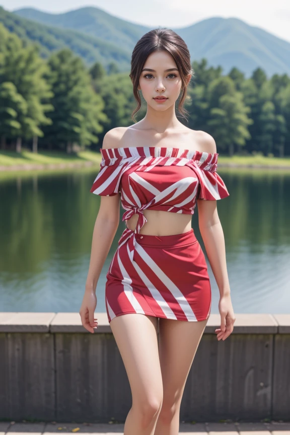 1girl, beautiful, detailed, realistic, masterpiece, looking at viewer, hour glass body, scenic view, full body shot
<lora:Candy_Shirt_Skirt_By_Stable_Yogi:0.8> off shoulder, tied shirt, short sleeves, midriff, micro miniskirt, candy cane pattern