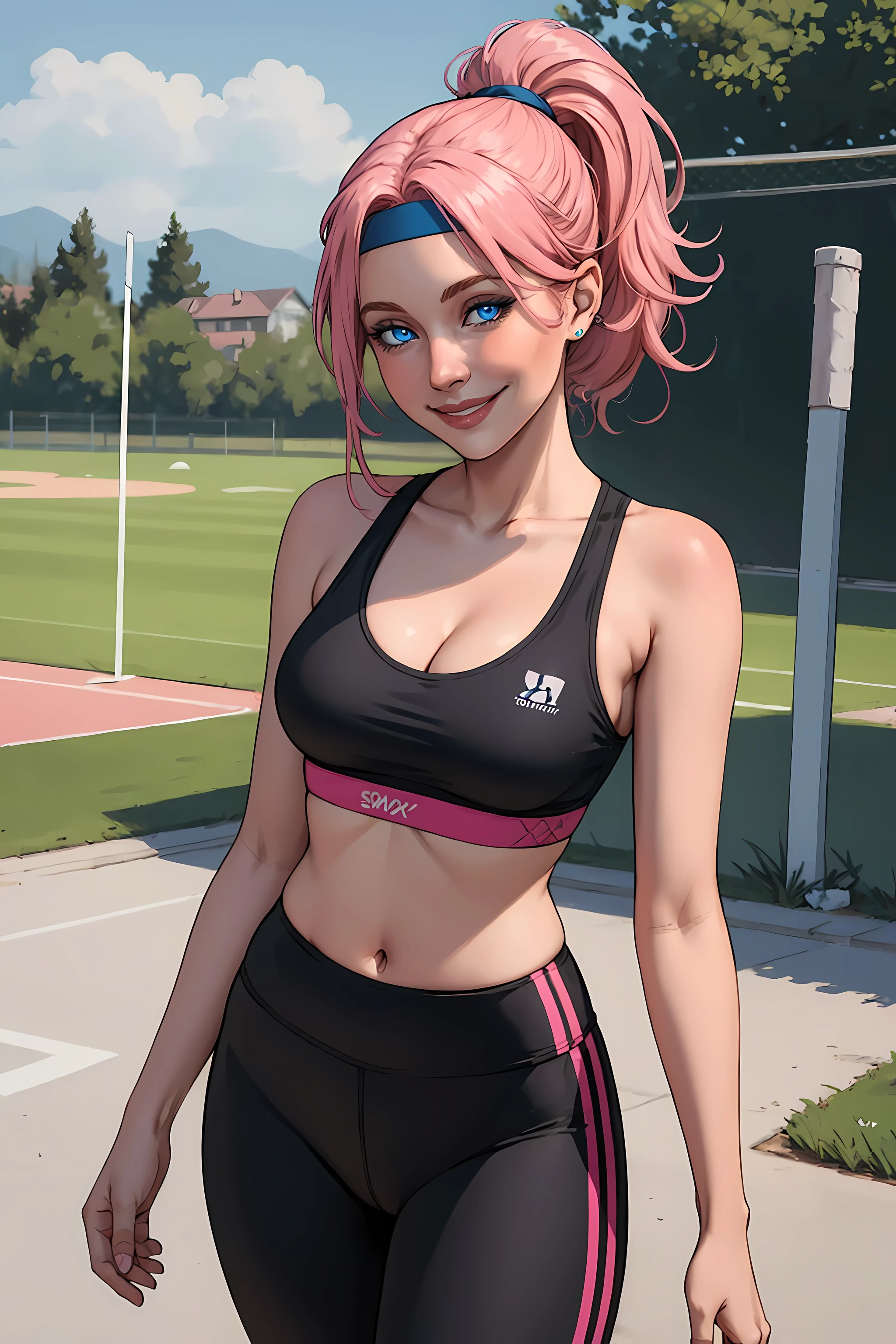 (masterpiece, highest quality, illustration), upper body, solo, woman, smile, pink hair, ponytail, blue eyes, small breasts, midriff, cleavage, sports bra, headband, leggings, facing the viewer, standing, outdoors