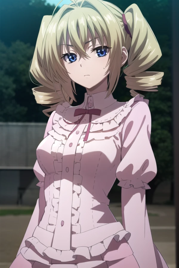 ravelphenex, <lora:ravel phenex anime s1-lora-nochekaiser:1>,
ravel phenex, blue eyes, blonde hair, twintails, drill hair, antenna hair,
BREAK dress, bow, pink dress, puffy sleeves, long sleeves, frills,
BREAK indoors, classroom,
BREAK looking at viewer, (cowboy shot:1.5),
BREAK <lyco:GoodHands-beta2:1>, (masterpiece:1.2), best quality, high resolution, unity 8k wallpaper, (illustration:0.8), (beautiful detailed eyes:1.6), extremely detailed face, perfect lighting, extremely detailed CG, (perfect hands, perfect anatomy),