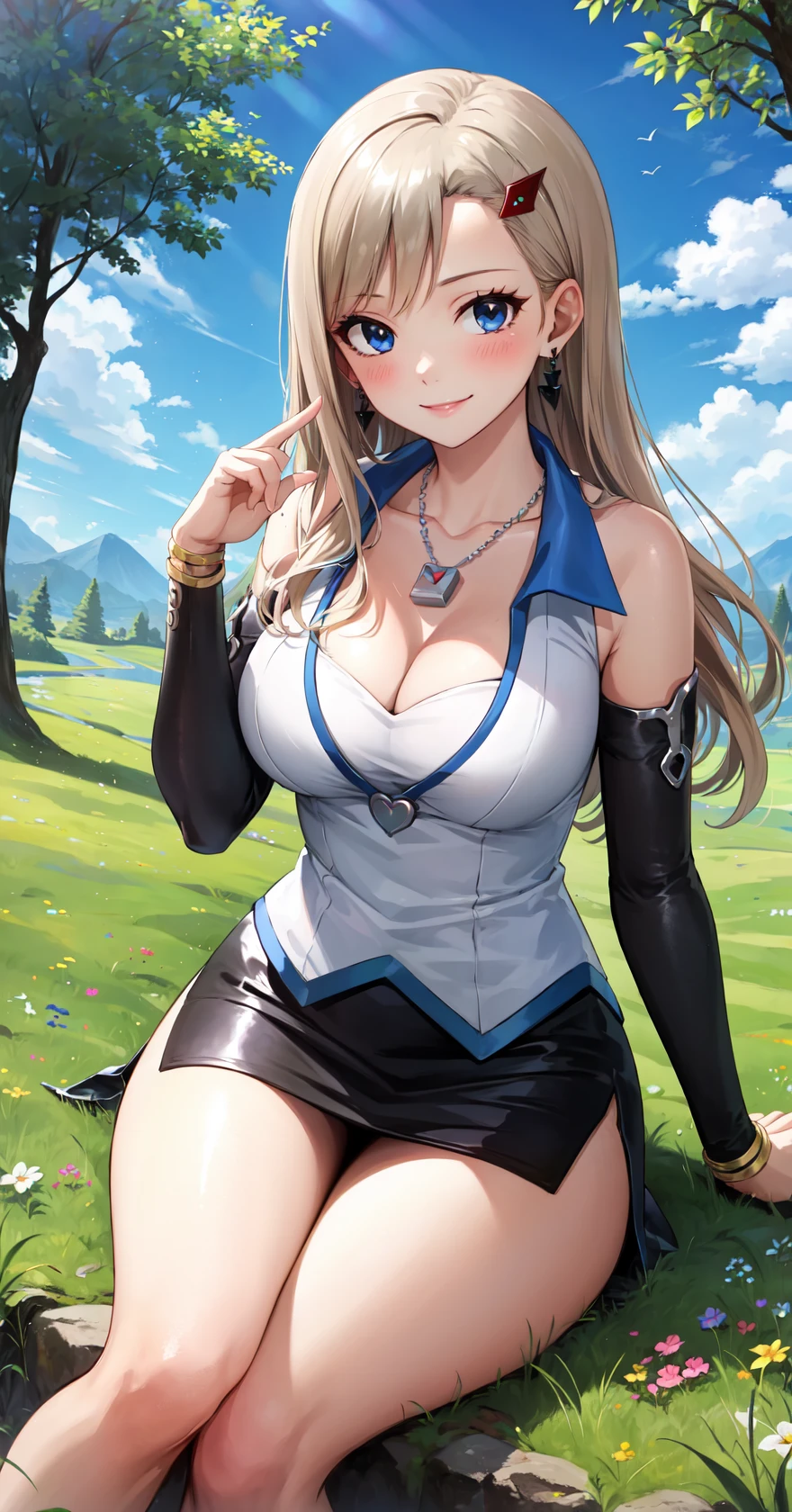 masterpiece, best quality, highres,
RebeccaDef, rebecca bluegarden, 1girl, solo, looking at viewer, sitting, blue eyes, blonde hair, blush, smile, large breasts, hair ornament, long hair, breasts, skirt, cleavage, bare shoulders, jewelry, heart, thighs, earrings, detached sleeves, hairclip, shiny, miniskirt, black skirt, necklace, shiny skin, side slit, pendant, pencil skirt,
<lora:LoRA_Rebecca:1>, blush, field, grass, forest, sunlight, cloudy,