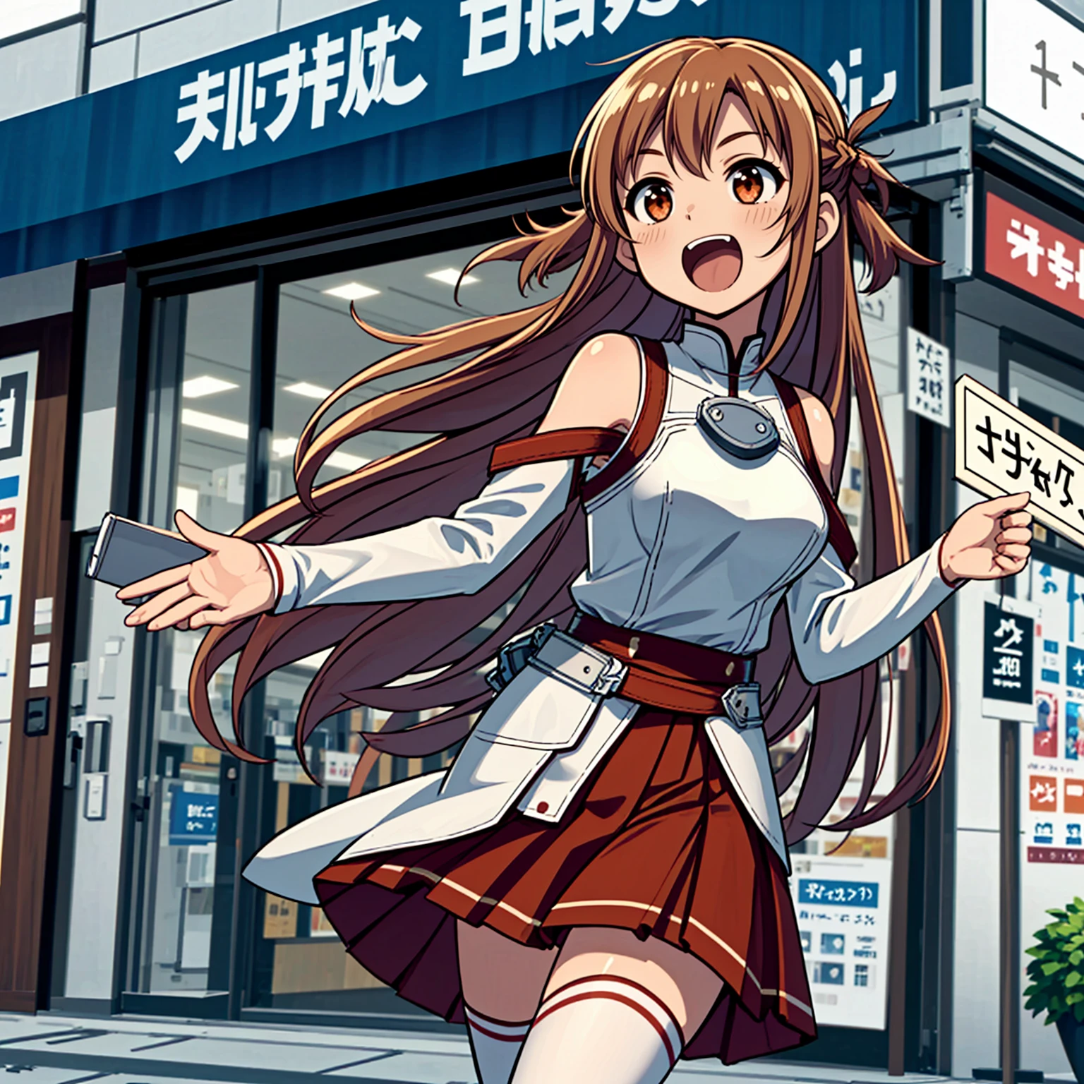 <lora:LCM_LoRA_Weights_SD15:1>,masterpiece,best quality,highly detailed,1girl,light smile,
<lora:asuna_(sao)_v1:0.7>,aaasuna,long hair,brown hair,braid,brown eyes,bare shoulders,armor,breastplate,white sleeves,detached sleeves,red skirt,pleated skirt,white thighhighs,
<lora:advertiseStoreFront:0.4>,digitalStore,convenience store,ceiling,ceiling light,flag,cellphone,holding box,holding tray,sliding doors,smartphone,smartphone case,(((shouting,holding sign))),