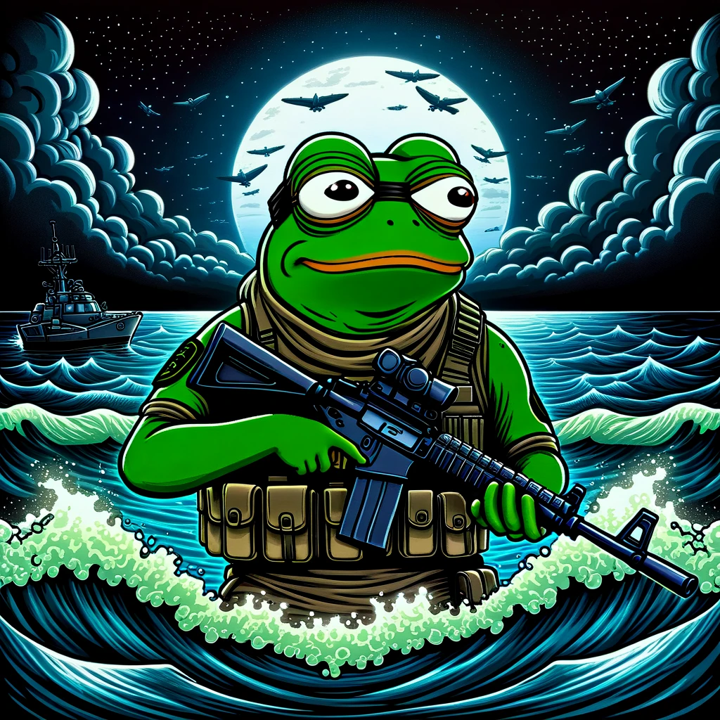 A tactical Navy Seal (Pepe the Frog:1.2) emerging from water in the middle of the night,equipped with night vision goggles and armed,with a dark,stealthy background,capturing the essence of a covert military operation. The scene is wide,showcasing the vastness of the night sea and sky,enhancing the atmosphere of secrecy and danger.,pepe_frog,