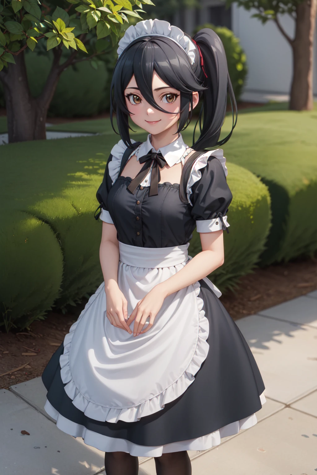 (masterpiece:1.3), (absurdres:1.3), (best quality:1.3), (ultra-detailed:1.3), 1girl, looking at viewer, full body, smile, outdoors,  <lora:suzuno-fi-000009:1>, suzuno-fi, maid, maid headdress, maid apron,