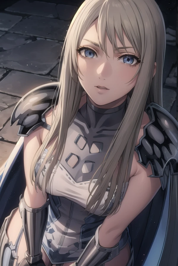 claymoregalatea, <lora:claymore galatea-lora-nochekaiser:1>,
galatea, long hair, blonde hair, very long hair, (grey eyes:1.5),
BREAK boots, cape, armor, knee boots, grey skin,
BREAK outdoors,
BREAK looking at viewer, (cowboy shot:1.5),
BREAK <lyco:GoodHands-beta2:1>, (masterpiece:1.2), best quality, high resolution, unity 8k wallpaper, (illustration:0.8), (beautiful detailed eyes:1.6), extremely detailed face, perfect lighting, extremely detailed CG, (perfect hands, perfect anatomy),