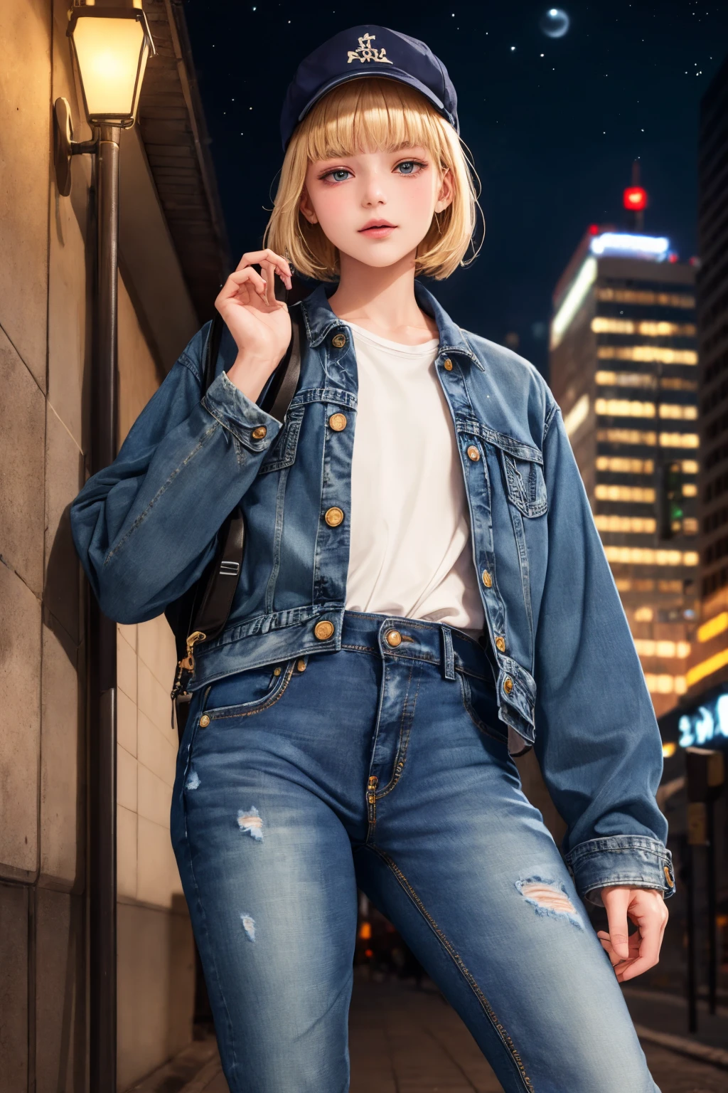 (best quality, ultra detailed:1.2), 1boy, staning, in the night down town, jeans, shirts, cap, looking for viewer