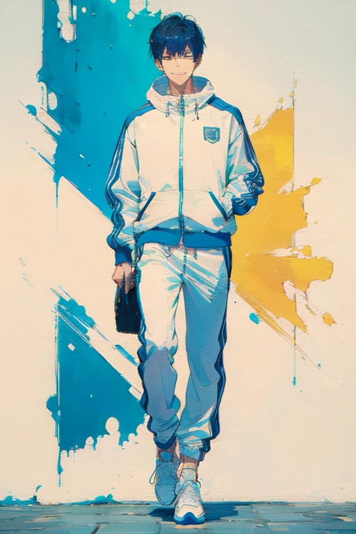 ((masterpiece, best quality, highly detailed, good composition))Boy (single) Boy (single) handsome,white skin,blue and white tracksuit,white sneakers,school bag,smile,horizontal view,front,((full body shot)) bright light,vibrant colors,8K.,<lora:Color CRT TV:0.8>,