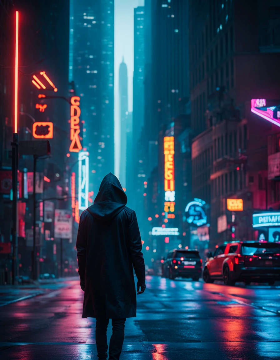 "cinematic still, medium shot on ARRI Alexa 35, a lone hooded figure using chaos magic, low-key color grading, hyper-realistic pop, cyberpunk, Chicago 2087