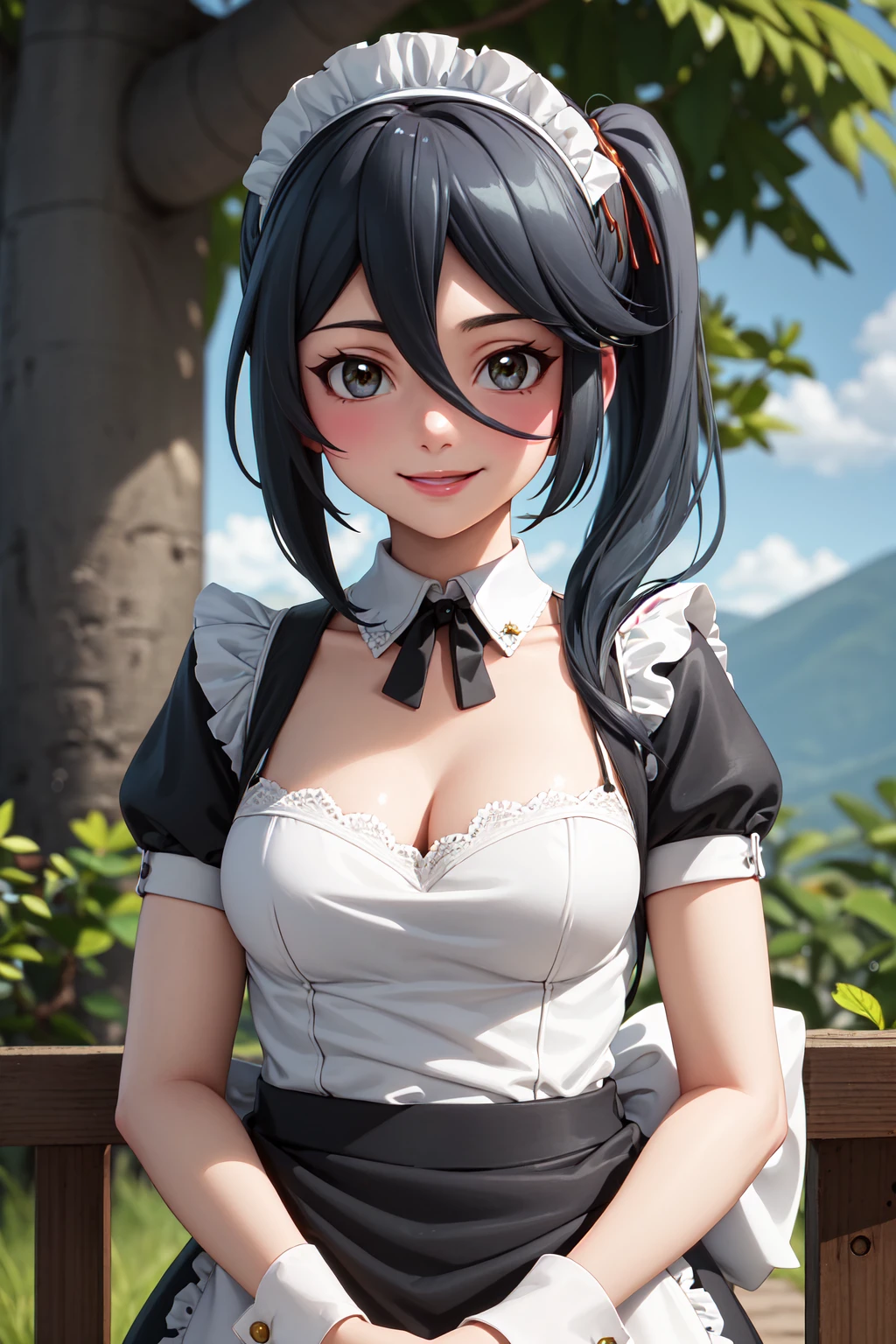 (masterpiece:1.3), (absurdres:1.3), (best quality:1.3), (ultra-detailed:1.3), 1girl, looking at viewer, upper body, smile, outdoors,  <lora:suzuno-fi-000009:1>, suzuno-fi, maid, maid headdress, maid apron,