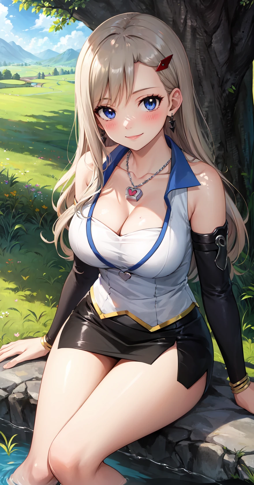 masterpiece, best quality, highres,
RebeccaDef, rebecca bluegarden, 1girl, solo, looking at viewer, sitting, blue eyes, blonde hair, blush, smile, large breasts, hair ornament, long hair, breasts, skirt, cleavage, bare shoulders, jewelry, heart, thighs, earrings, detached sleeves, hairclip, shiny, miniskirt, black skirt, necklace, shiny skin, side slit, pendant, pencil skirt,
<lora:LoRA_Rebecca:1>, blush, field, grass, forest, sunlight, cloudy,