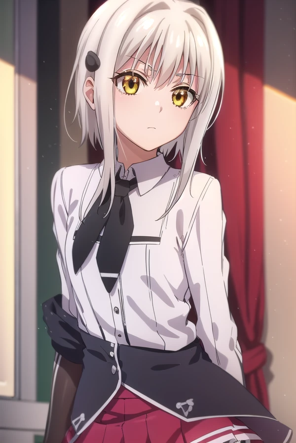konekotoujou, <lora:koneko toujou anime s1-lora-nochekaiser:1>,
koneko toujou, short hair, hair ornament, (yellow eyes:1.2), white hair,
BREAK skirt, school uniform, shirt, white shirt, collared shirt, neckerchief, black neckerchief, long sleeves, red skirt,
BREAK indoors, classroom,
BREAK looking at viewer, (cowboy shot:1.5),
BREAK <lyco:GoodHands-beta2:1>, (masterpiece:1.2), best quality, high resolution, unity 8k wallpaper, (illustration:0.8), (beautiful detailed eyes:1.6), extremely detailed face, perfect lighting, extremely detailed CG, (perfect hands, perfect anatomy),