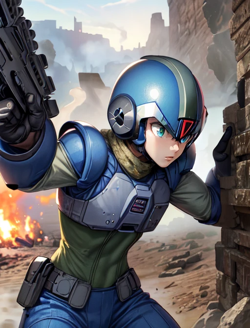 best quality, masterpiece, highres, detailed, digital illustration, <lora:Detail - add_detail:0.2>, 1man, TacticalCh, army, vest, assault rifle, <lyco:TacticalCh:0.8>, XRockman, blue helmet, green eyes, gem, android, <lora:Character - XRockman:0.6>