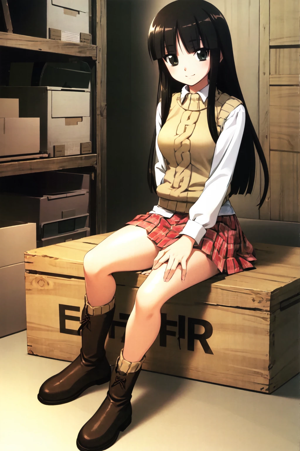 aragad, 1girl, solo, school uniform, sweater vest, white shirt, plaid skirt, boots,sitting, smile, closed mouth, looking at viewer, wooden box, warehouse, indoors, workshop, <lora:aragad_V2-10:0.87>