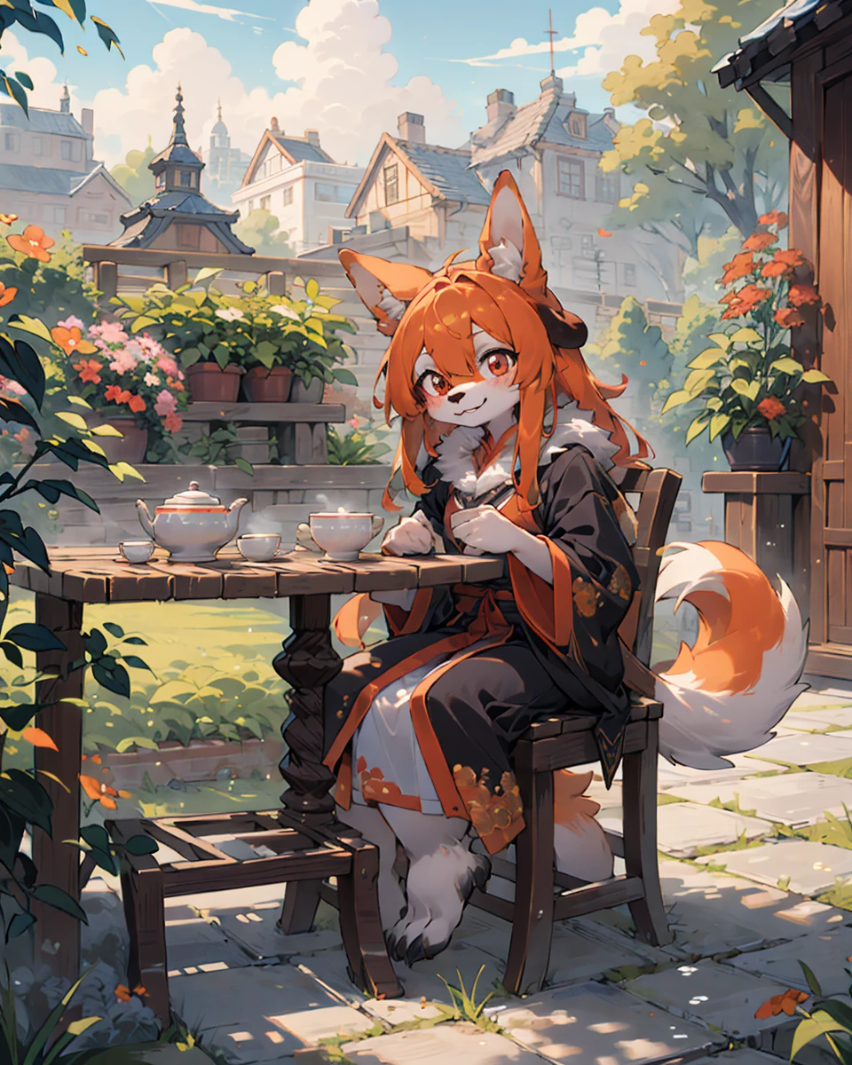 best hands,best quality,(masterpiece,ultra detailed 8k art,illustration),tea time,Fluffy,Anime style, (anthro, 1 girl,furry girl,drooping ears dog),out door, chinese clothes,orange long hair, (orange drooping ears),(drooping ears:1.2), orange tail, red eyes,flower garden,table BREAK
chair, sitting, looking up at the sky, smile,(full body) <lora:zoom_slider_v1:-2>