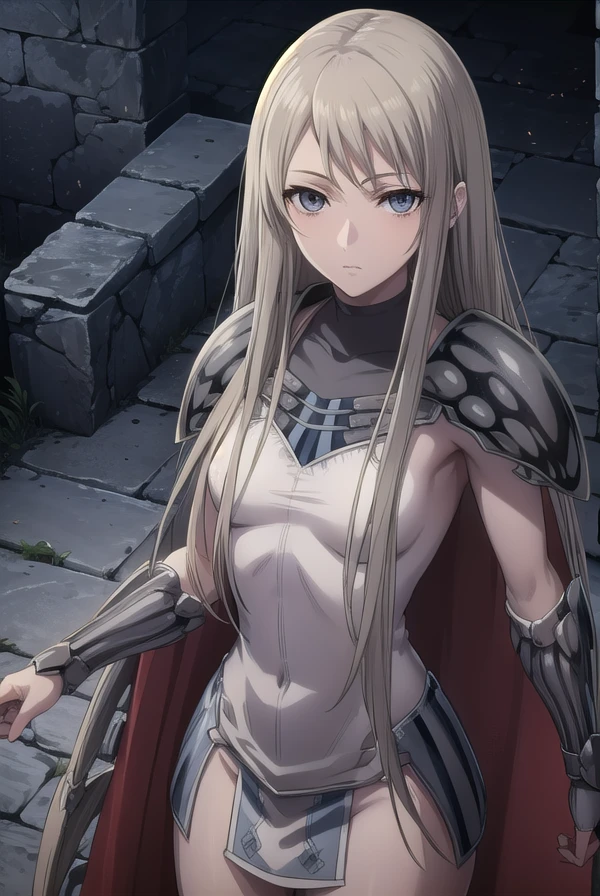 claymoregalatea, <lora:claymore galatea-lora-nochekaiser:1>,
galatea, long hair, blonde hair, very long hair, (grey eyes:1.5),
BREAK boots, cape, armor, knee boots, grey skin,
BREAK outdoors,
BREAK looking at viewer, (cowboy shot:1.5),
BREAK <lyco:GoodHands-beta2:1>, (masterpiece:1.2), best quality, high resolution, unity 8k wallpaper, (illustration:0.8), (beautiful detailed eyes:1.6), extremely detailed face, perfect lighting, extremely detailed CG, (perfect hands, perfect anatomy),