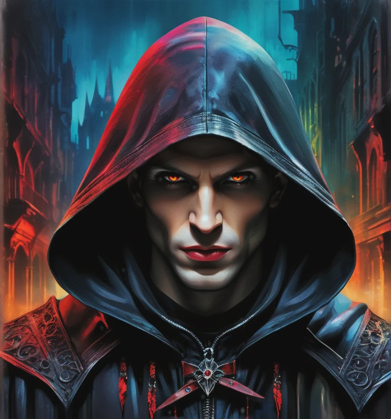 close-up of a hooded vampire on a picturesque dystopian background, intricate and elegant, centered digital painting with high detail, watercolor, black background,
Style by Gabriele Dell'otto, AI Midjourney, bright saturated colors, watercolor, oil paints, HDR, 500px, 4k,