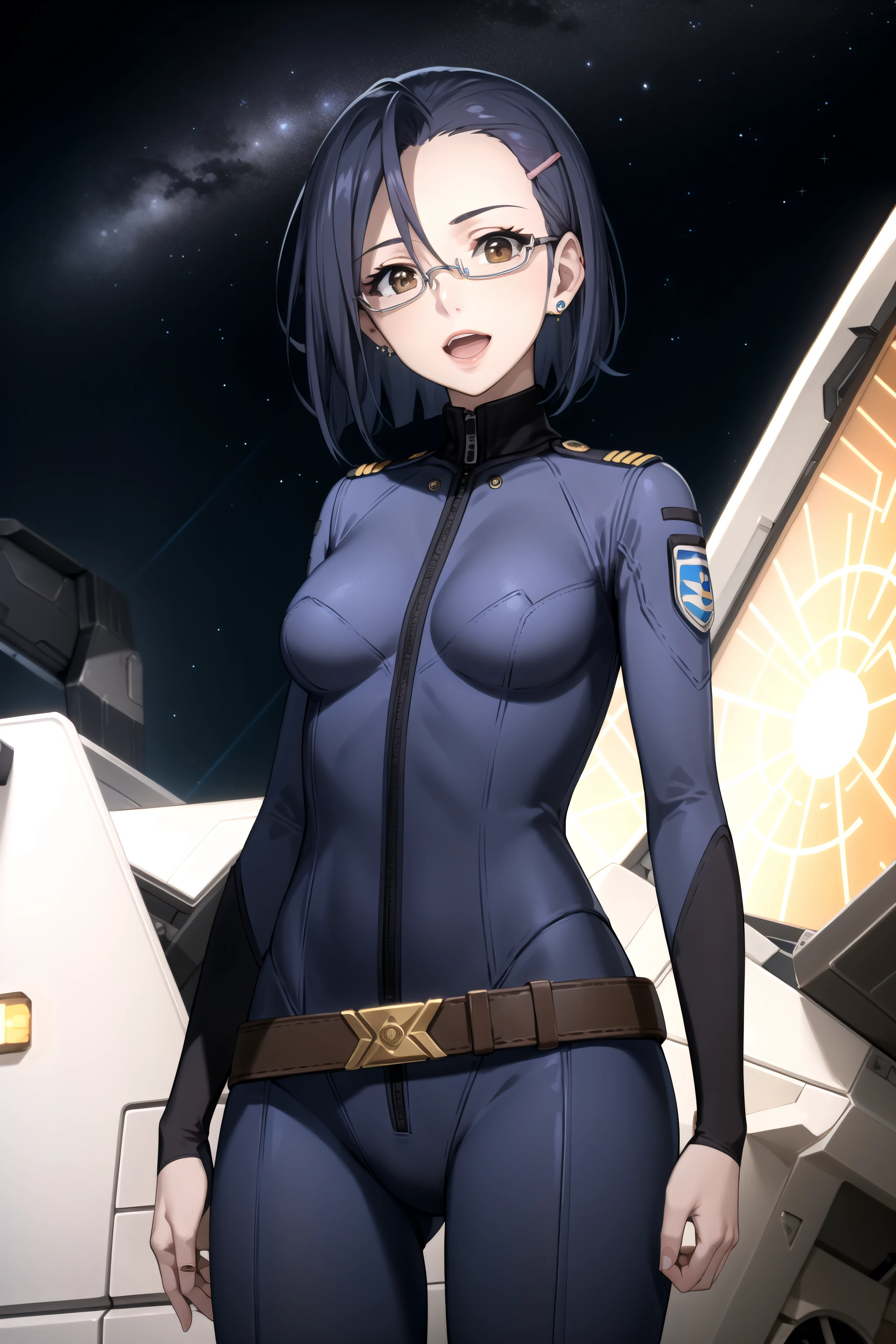 best quality, masterpiece, detailed,
<lora:SpaceBattleshipYamato2199_NiimiKaoru:0.8>, NiimiKaoru,
open mouth, light smile,
blue hair, short hair, brown eyes, hairclip, lips, stud earrings, semi-rimless eyewear,
NiimiBodysuit, blue bodysuit, belt, 
standing, looking at the viewer, head tilt,
science fiction, cockpit, starry sky