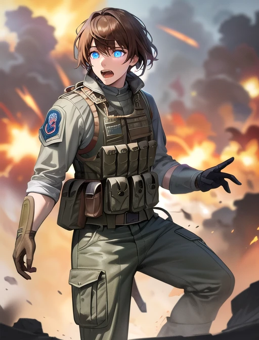 best quality, masterpiece, highres, detailed, digital illustration, <lora:Detail - add_detail:0.2>, 1man, TacticalCh, army, vest, assault rifle, <lyco:TacticalCh:0.8>, shouting, JaceMind, brown hair, blue eyes, glowing eyes, magic, explosion, <lora:Character - JaceM:0.6>