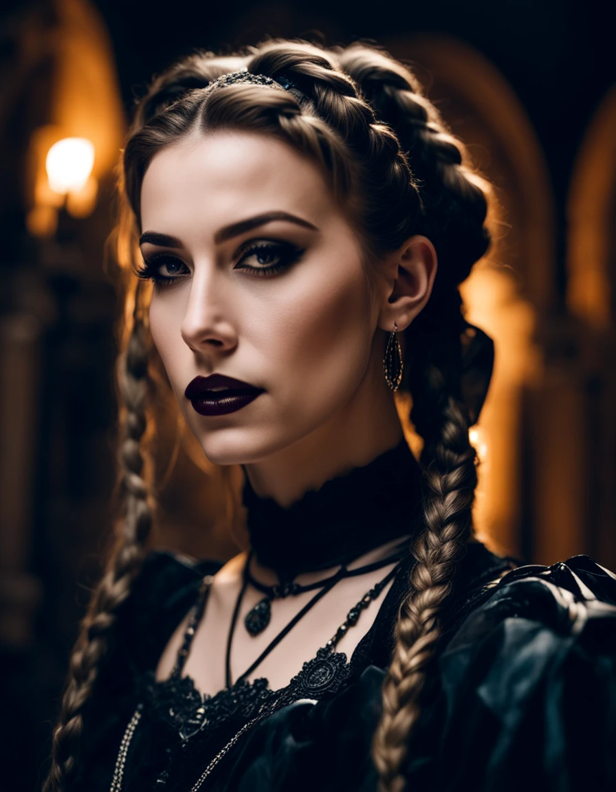closeup of woman wearing gothic clothes, braided pigtails, in a castle, sharp focus, looking at the night time, Mystical atmosphere, cinematic