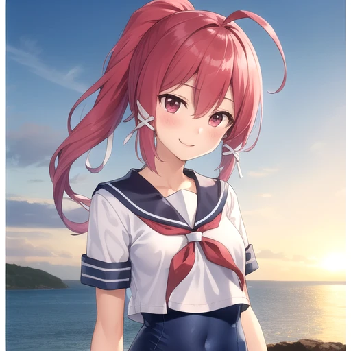 ((masterpiece)),(best quality),official art,extremely detailed CG,unity 8k wallpaper,ultra detailed,A lighthouse on a cliff by the sea,1girl,solo,upper body,(portrait:1.2),long_hair,school_swimsuit,blue_one-piece_swimsuit,ponytail,red_hair,covered_navel,swimsuit_under_clothes,school_uniform,short_sleeves,breasts,barefoot,white_shirt,sailor_shirt,hair_ribbon,blue_sailor_collar,smile,ahoge,hair_between_eyes,red_eyes,looking_at_viewer,pink_hair,neckerchief,blush,<lora:I·168(kan)>,