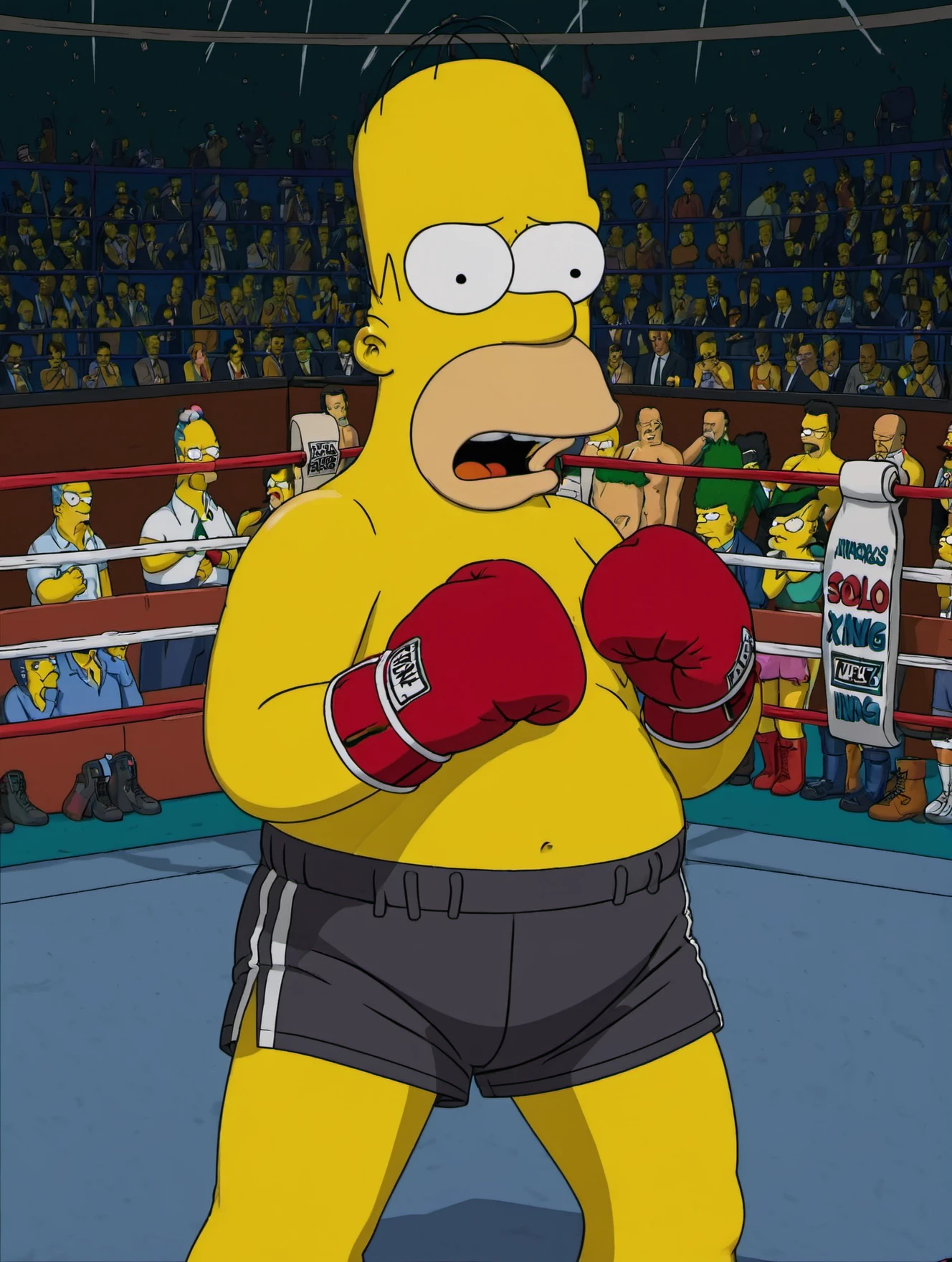 (best quality, high quality:1.2),the simpsons,
ohwx man,solo boxer,boxing gloves,boxing shorts,topless,(angry:1.2),narrowed eyes,stadium,(boxing ring:1.3),fighting stance,close up shot,
<lora:homer_simpson_sdxl_v1:0.8>