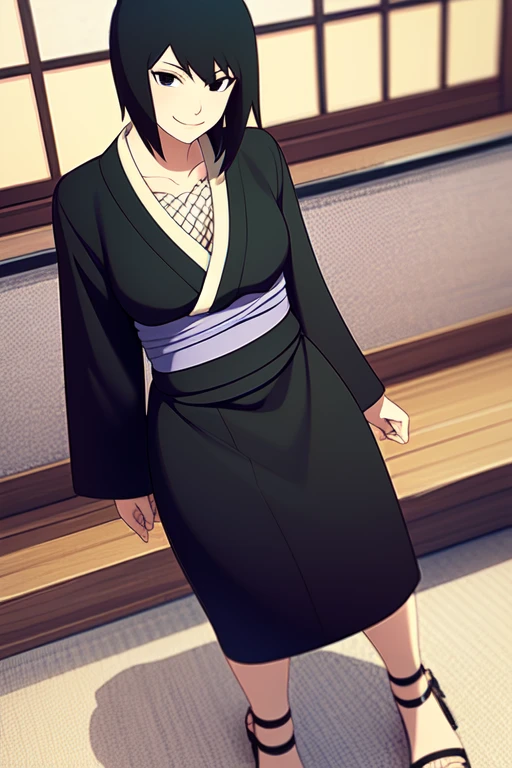 Shizune, short hair, black hair, black eyes, black kimono, white trim, obi, fishnet top, black sandals, smile, collarbone, indoors