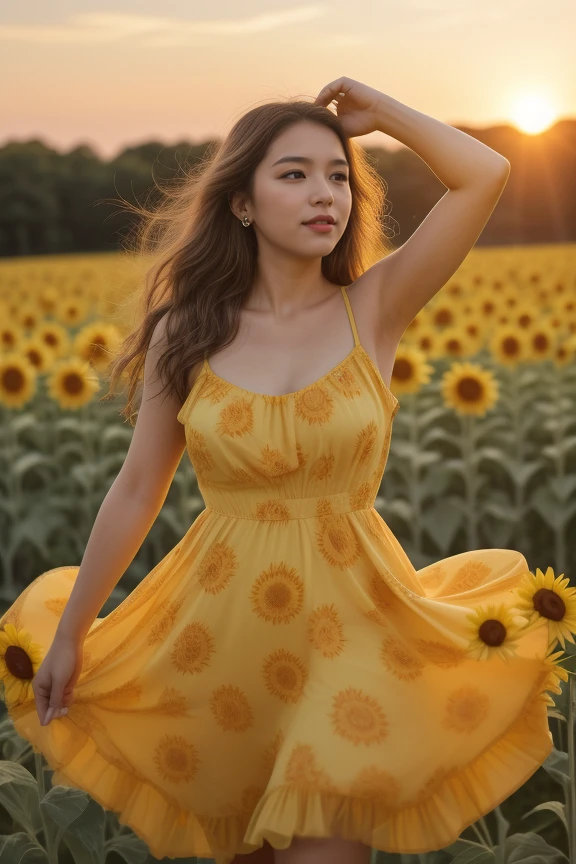 "Produce a high-definition image of a woman in a bright yellow sundress in a field of sunflowers at sunset. Her pose is joyful, twirling among the flowers. Her makeup is natural, with a focus on her glowing skin, and her hair flows freely."