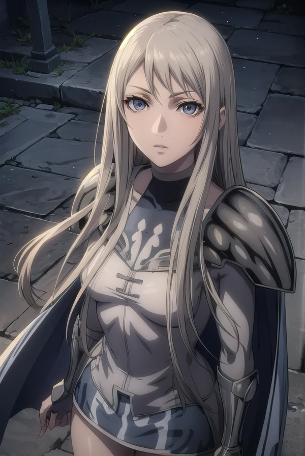 claymoregalatea, <lora:claymore galatea-lora-nochekaiser:1>,
galatea, long hair, blonde hair, very long hair, (grey eyes:1.5),
BREAK boots, cape, armor, knee boots, grey skin,
BREAK outdoors,
BREAK looking at viewer, (cowboy shot:1.5),
BREAK <lyco:GoodHands-beta2:1>, (masterpiece:1.2), best quality, high resolution, unity 8k wallpaper, (illustration:0.8), (beautiful detailed eyes:1.6), extremely detailed face, perfect lighting, extremely detailed CG, (perfect hands, perfect anatomy),
