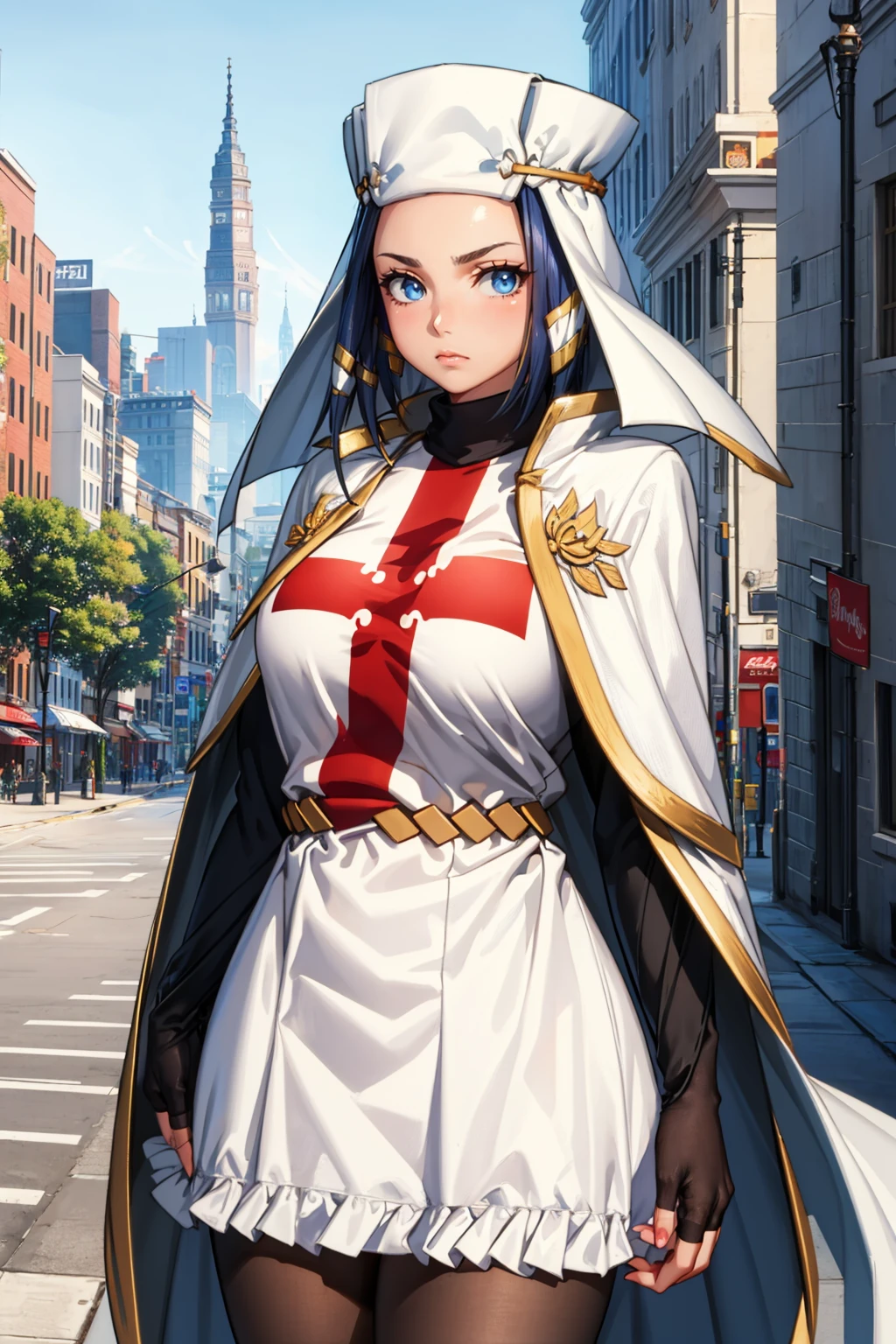 masterpiece, best quality,  <lora:ffarrow-nvwls-v1-000009:0.9> ffarrow, white headwear, red and white dress, black sleeves, black pantyhose, fingerless gloves, vambraces, large breasts, upper body, furrowed brow, standing, cityscape, white cape