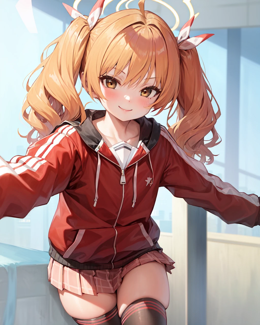 1girl,solo,looking at viewer,skirt,blonde hair,thighhighs,long sleeves,ribbon,twintails,brown eyes,jacket,hair ribbon,ahoge,pleated skirt,black thighhighs,orange hair,halo,red jacket,pink skirt,track jacket, yoshimi (blue archive), smile,, 8K, masterpiece, beautiful