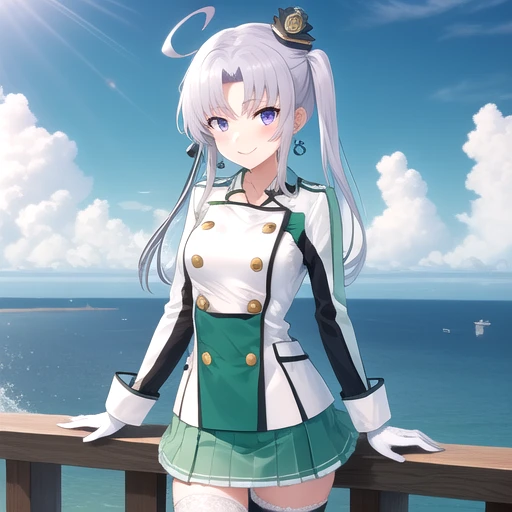 ((masterpiece)),(best quality),official art,extremely detailed CG,unity 8k wallpaper,ultra detailed,A lighthouse on a cliff by the sea,1girl,solo,cowboy shot,side_ponytail,miniskirt,white_shirt,military_uniform,light_green_uniform,light_green_skirt,long_hair,thighhighs,zettai_ryouiki,purple_eyes,jewelry,ahoge,bridal_garter,earrings,mini_hat,hair_ornament,buttons,double-breasted,anchor,white_gloves,grey_hair,smile,<lora:Akitsushima(kan)>,