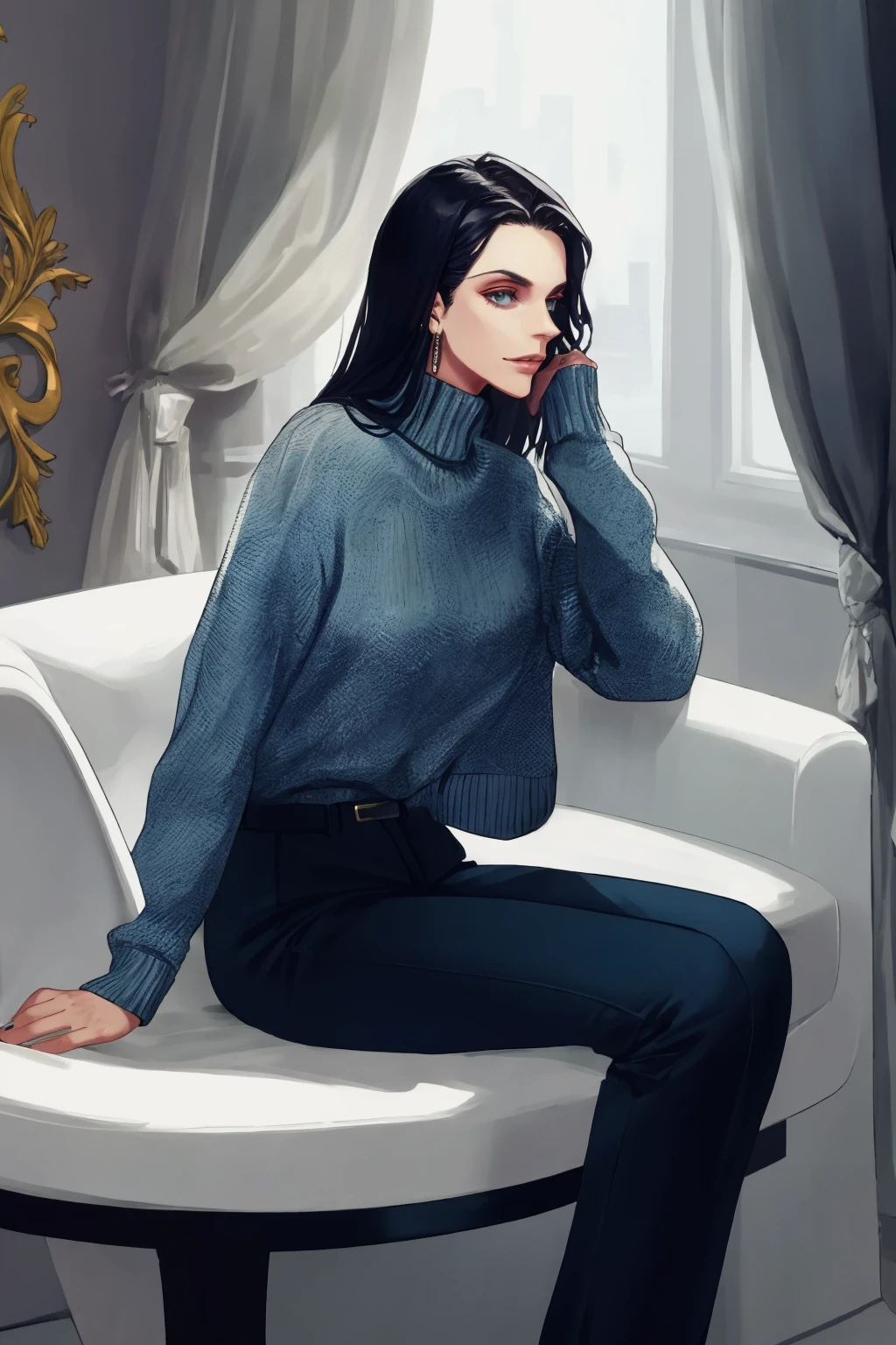 women sitting in a luxurious room wearing sweater and long pants