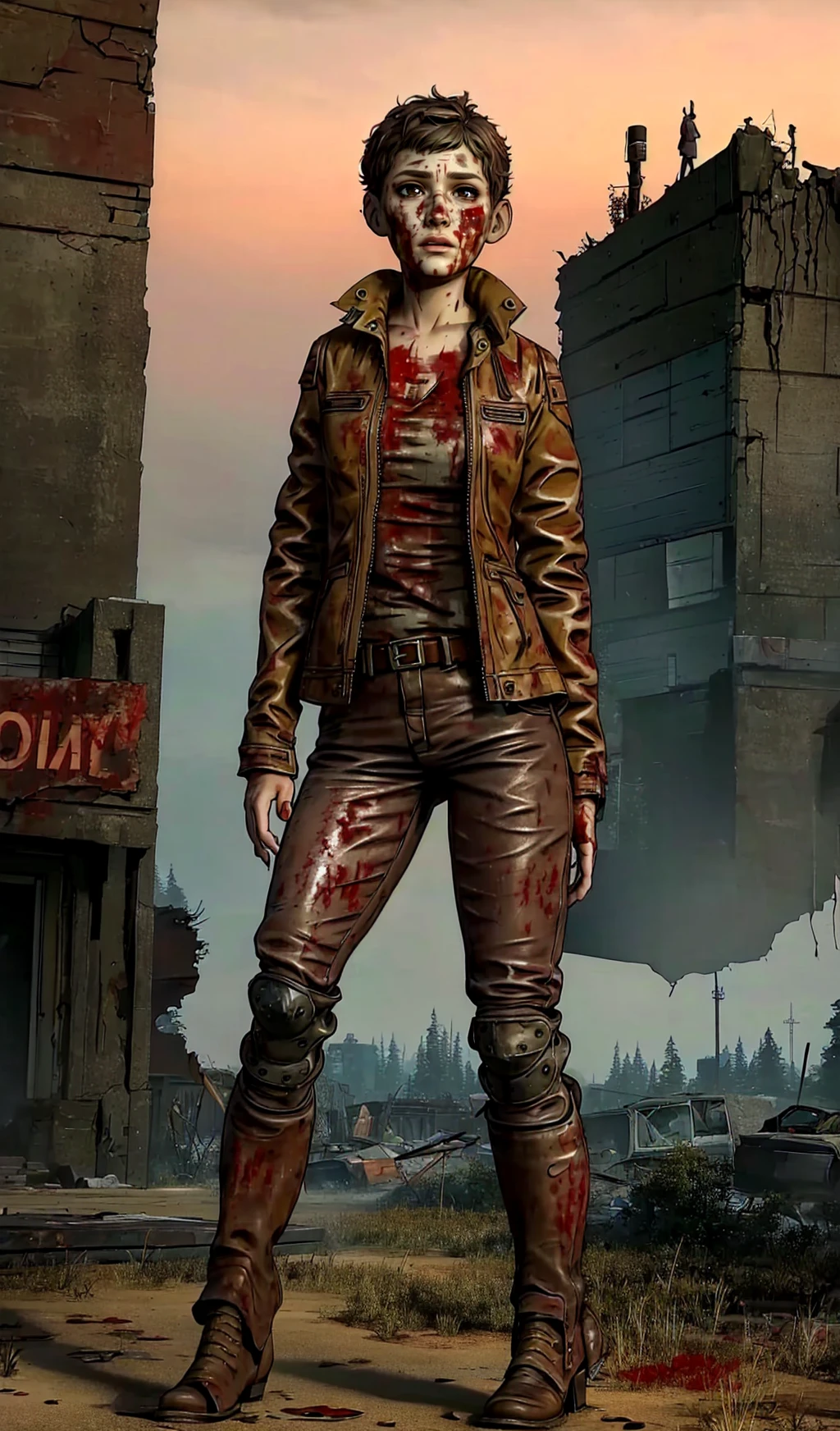 Jane,brown hair,dirty face,short hair,belt,pants,jacket, standing,full body, (insanely detailed, beautiful detailed face,beautiful detailed eyes, masterpiece, best quality),solo, <lora:JaneTWDv1.1:0.8>, blood,blood on face,blood on clothes, debris, broken buildings, post-apocalyptic background