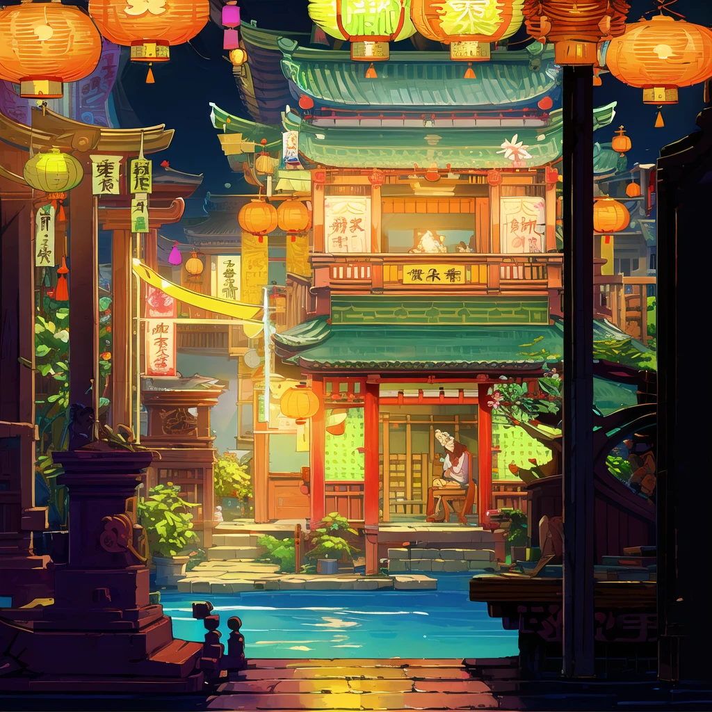 <lora:水墨åé:0.7>,scenery, building, lantern, outdoors, water, night, architecture, paper lantern, east asian architecture, multiple girls, tree, city, sitting,cyberpunk chinese town scene,2d game scene