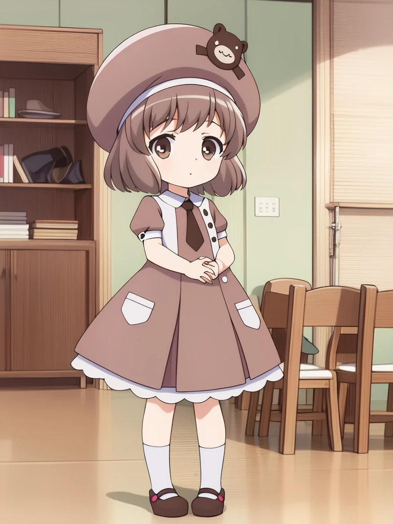 <lora:BabyPrincesssakura:1>, BabyPrincesssakura, 1girl, solo, hat, brown hair, dress, brown eyes, short hair, shoes, socks, full body, kneehighs, mary janes, short sleeves, own hands together, standing, necktie, looking at viewer, brown dress, puffy sleeves,
House room,
masterpiece, high quality, very_high_resolution, large_filesize, full color,